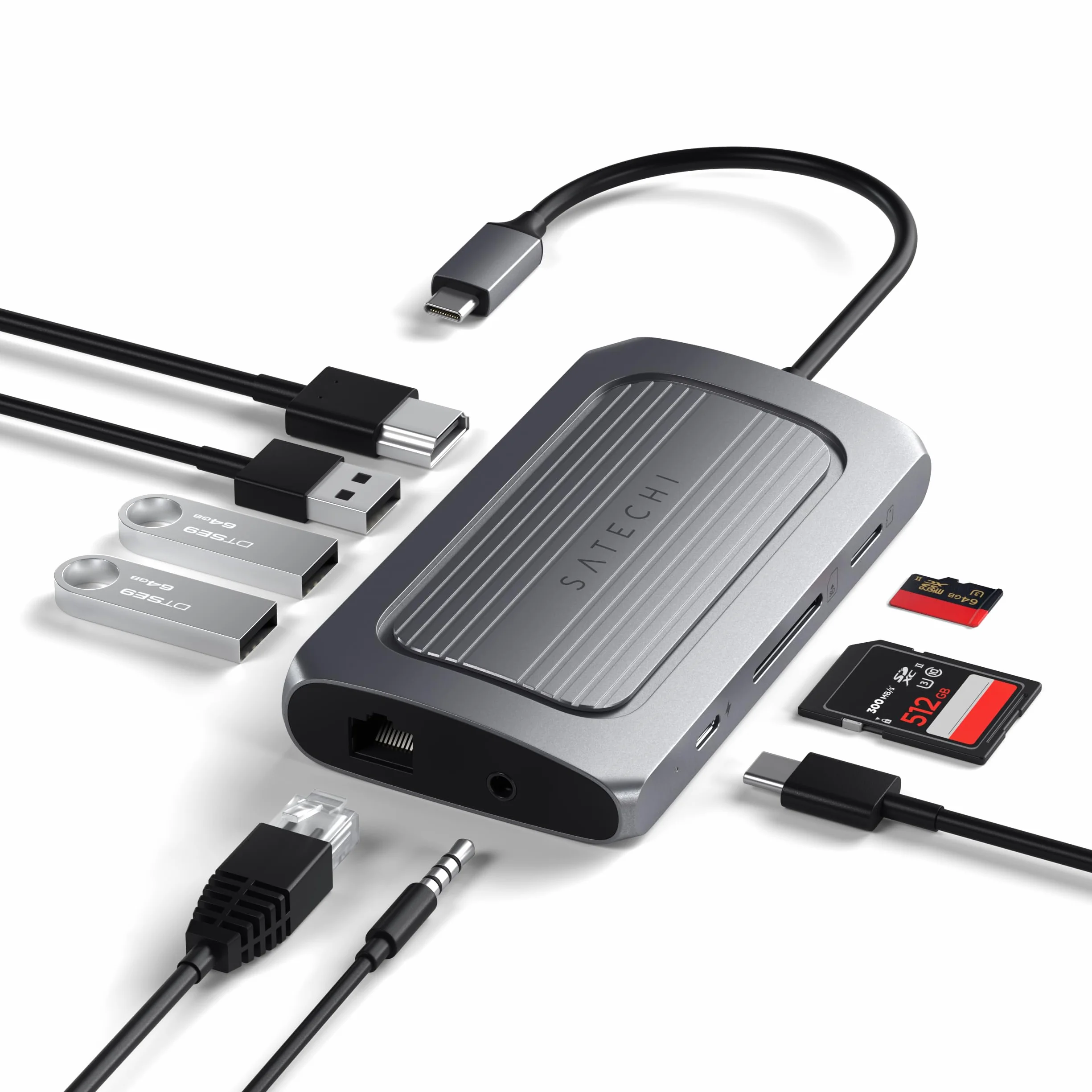 SATECHI hub wieloportowy USB-C 9 w 1, HDMI 8K, PD 100 W, szary | Gigabit Ethernet, audio 3,5 mm, czytniki SD/microSD UHS-I, do MacBooka, iPada i komputerów z Windows