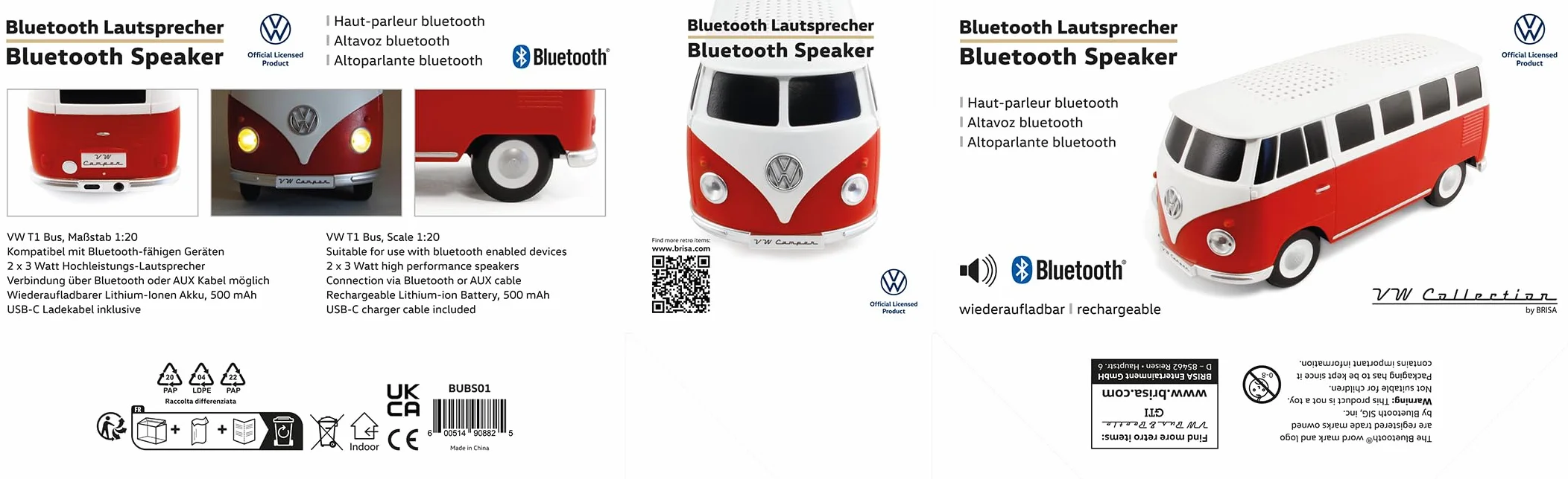 BRISA VW Collection - Volkswagen T1 Bulli Bus przenośny głośnik Bluetooth, bezprzewodowy/bezprzewodowy (skala: 1:20 I czerwony/biały)