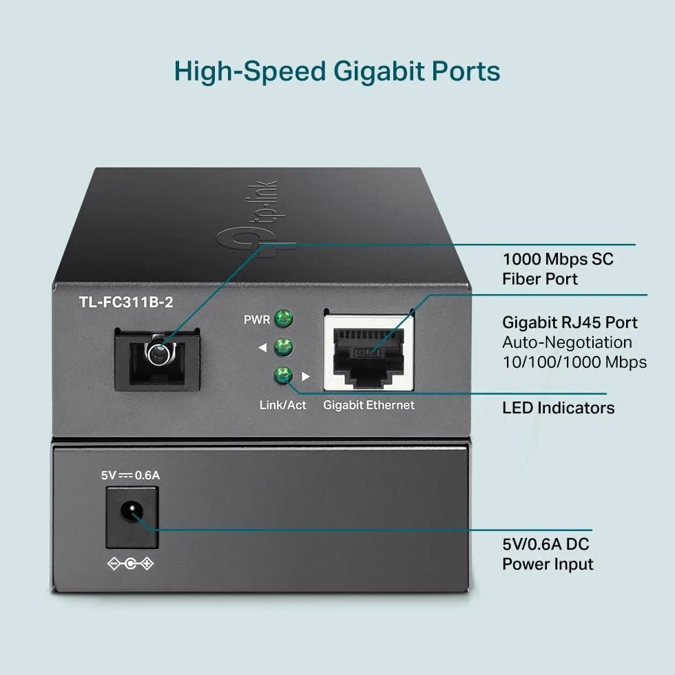 TP-Link TL-FC311B-2 | Gigabitowy konwerter mediów WDM | Port SC jednomodowy | Zasięg do 2 km | TX: 1310 nm/RX: 1550 nm | Kompatybilny z TL-FC311A-2