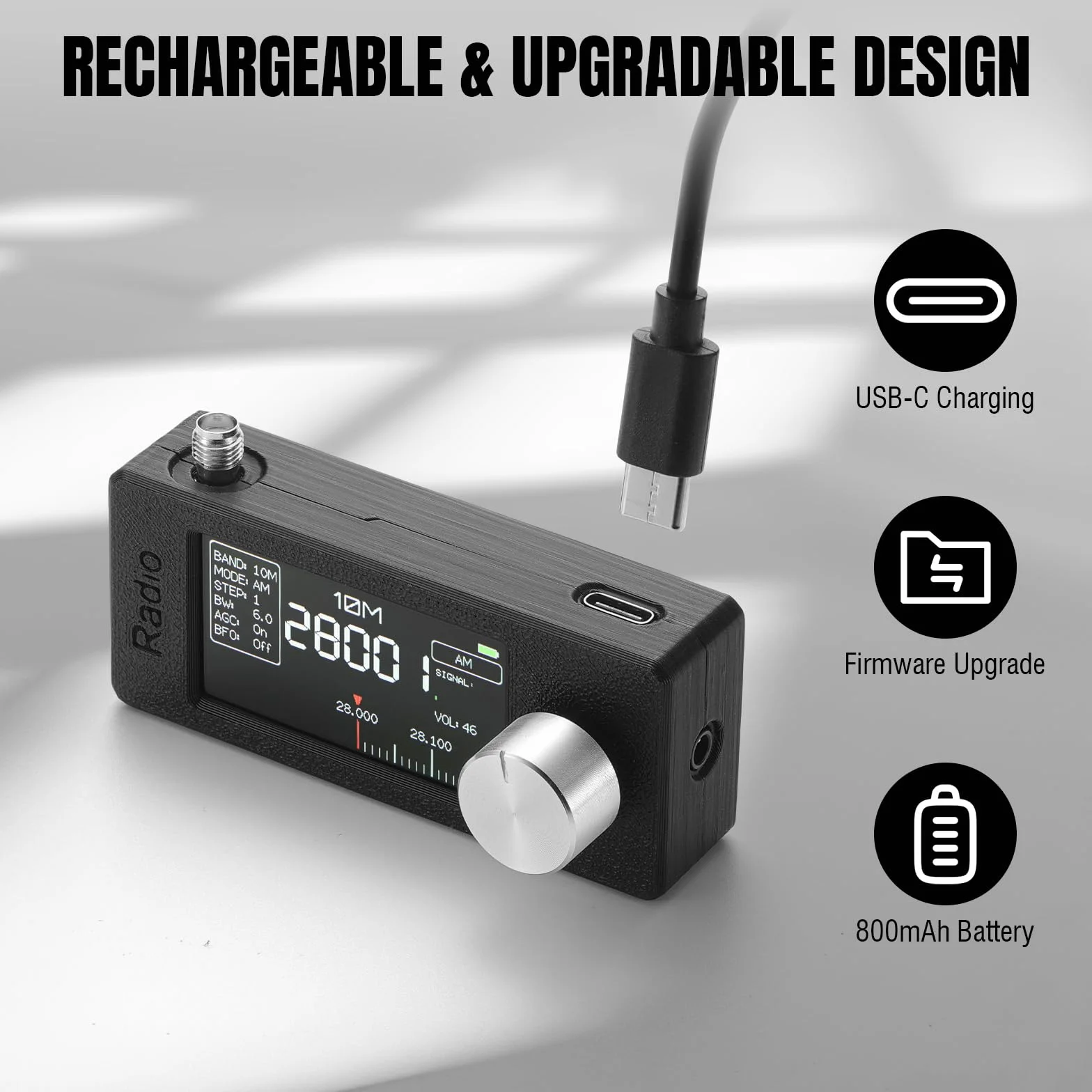 Raddy Mini Radio DSP Pełny Zakres Pasm z Chip Si4732, Odbiornik FM/SW/MW/VHF/CB Tryby LSB/USB, Wzmac. Słuchawkowy, Kompaktowy Ekran Kolorowy 1.9", Antena Teleskopowa + Donut, Aktualizacja firmware