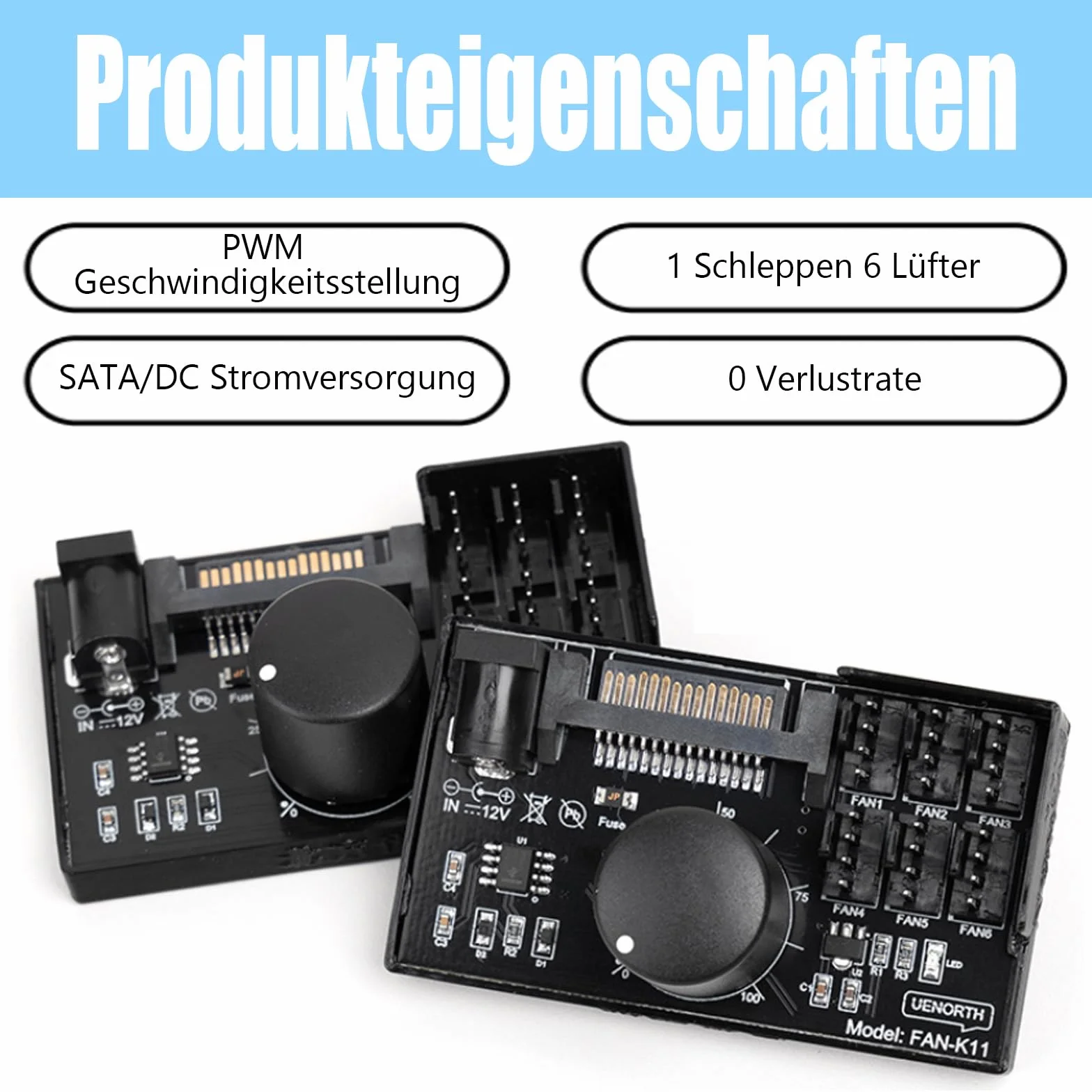 12 V 4-pinowy regulator prędkości wentylatora, koncentrator wentylatora PC ze złączami SATA i DC, koncentrator wentylatora PC ze złączami SATA i DC 5525, obsługuje 6 wentylatorów, maks. 60 W, wyjście
