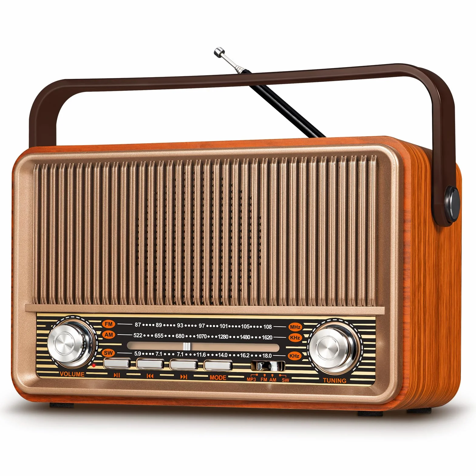PRUNUS J-120 AM/FM/SW retro małe radio z akumulatorem 1800 mAh lub prądem AC, kuchenne, nostalgiczne z Bluetooth, obsługuje USB/TF/AUX, proste dla seniorów.