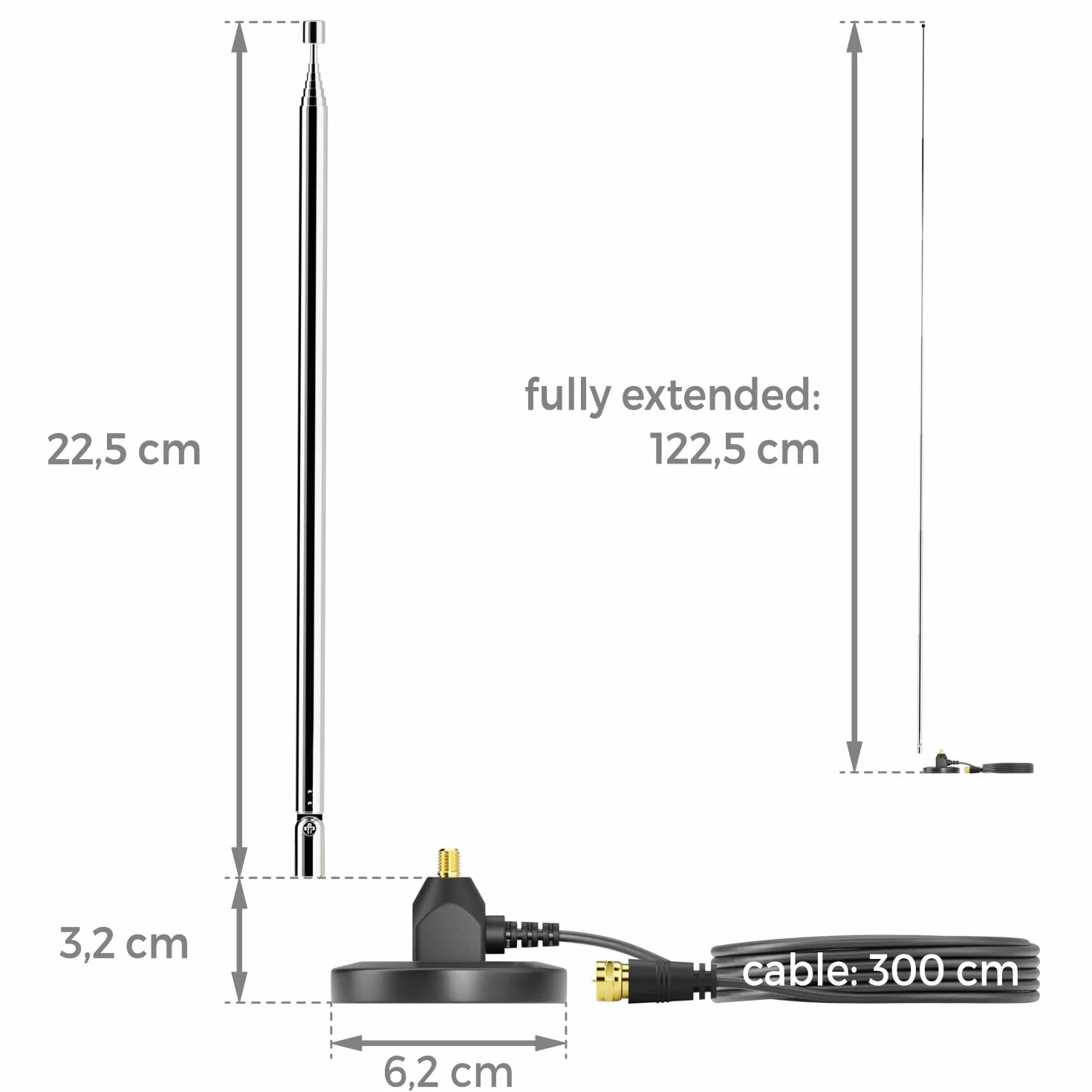 deleyCON Antena Radiowa DAB+ UKW FM 75 Ohm 3,0m z Podstawą Magnetyczną