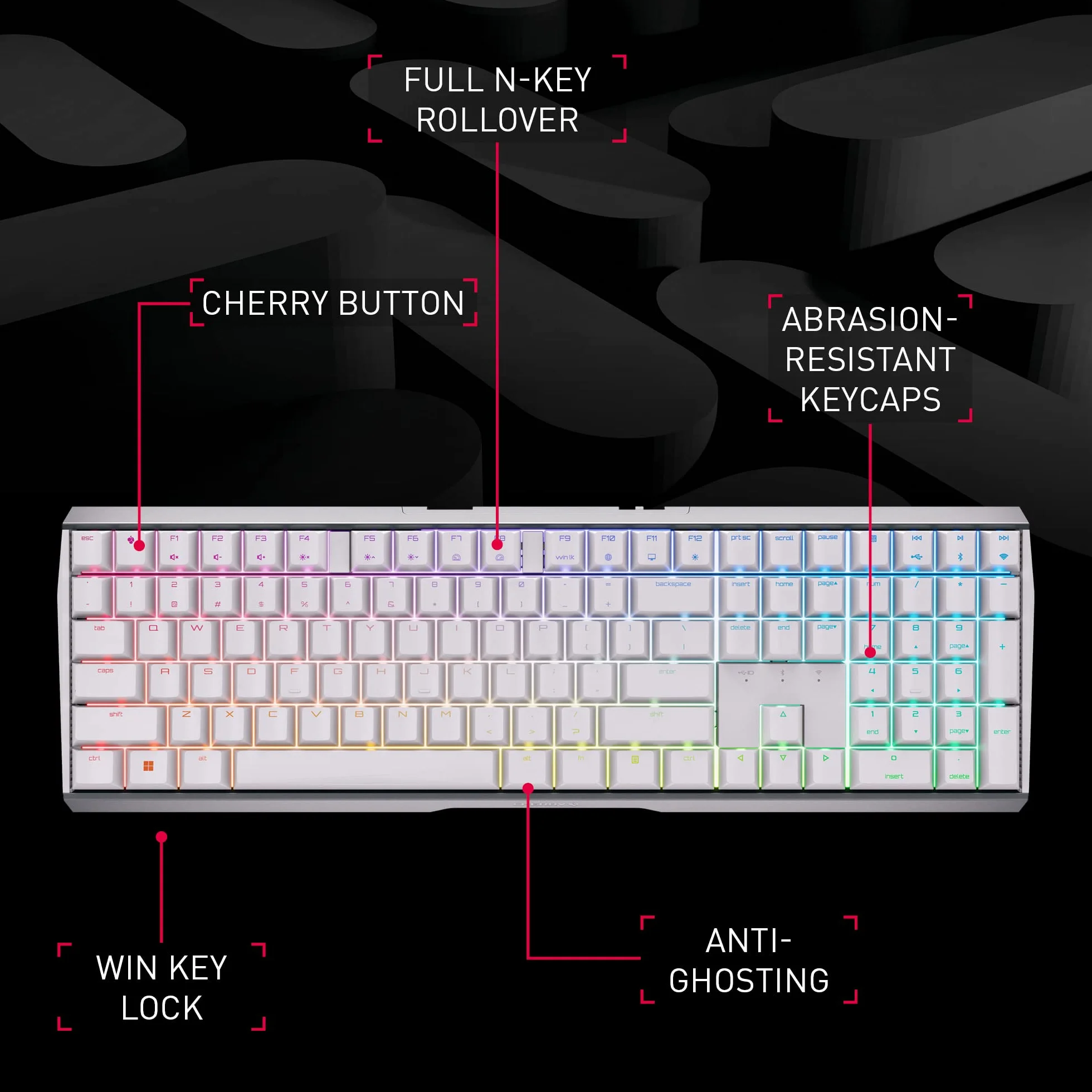 CHERRY MX 3.0S bezprzewodowa mechaniczna klawiatura gamingowa z oświetleniem RGB, układ francuski (Azerty), Bluetooth, połączenie bezprzewodowe lub kablowe, przełączniki MX RED, biała