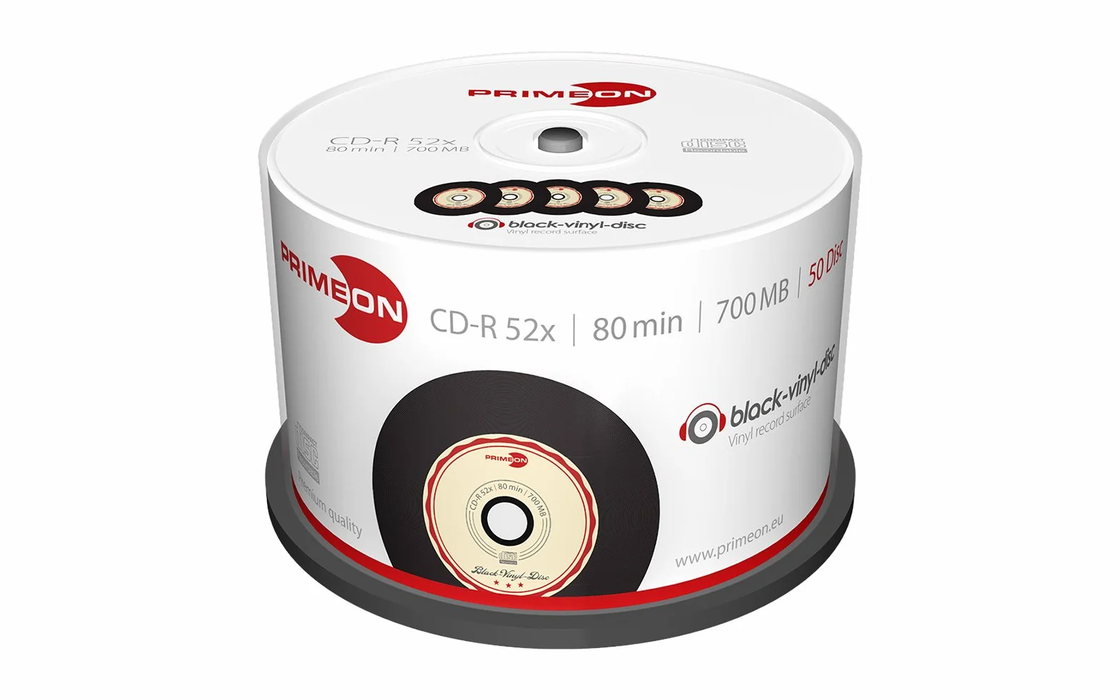 Primeon CD-R 80 min/700 MB/52 x pudełko na ciasto (50 dysków), czarna płyta winylowa, czarna, beżowa, czerwona, 700 MB
