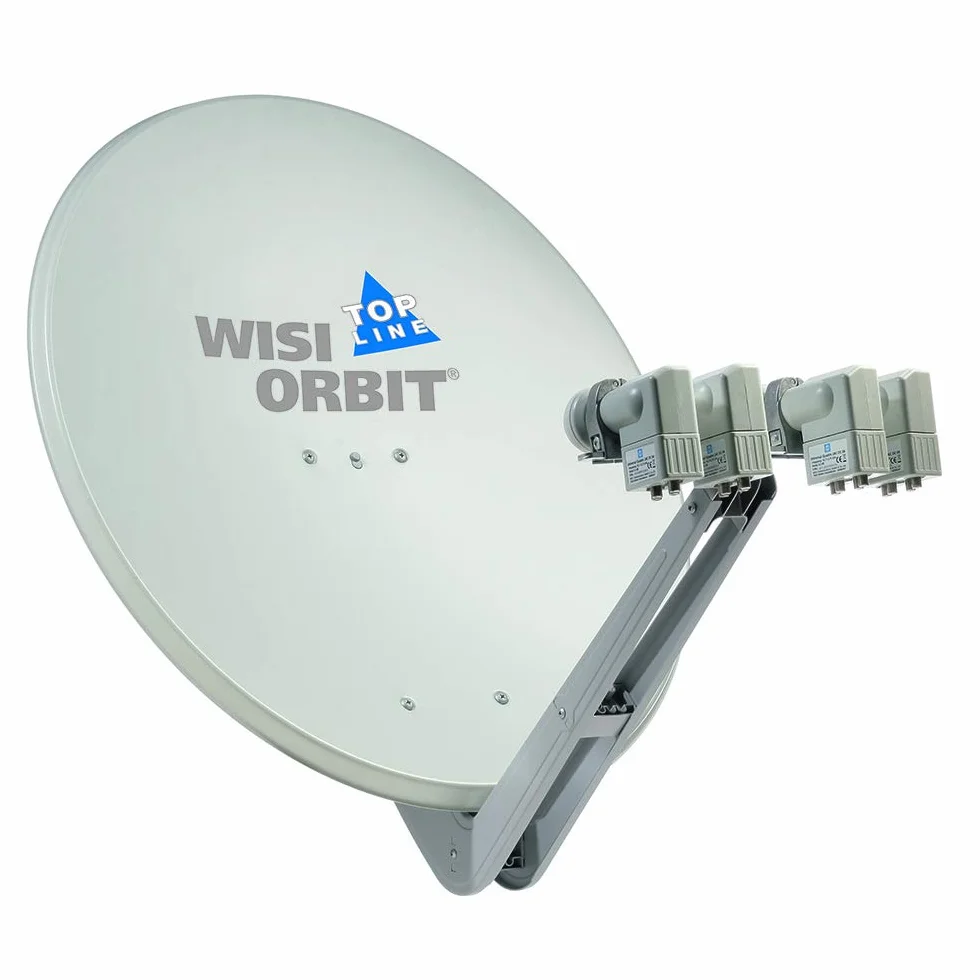 WISI Orbit Topline antena offsetowa OA85G w kolorze jasnoszarym – 85 cm reflektor z aluminium z 40 mm uchwytem LNB, podnoszonym i obejmami maszowymi – kompletna antena satelitarna z akcesoriami montażowymi