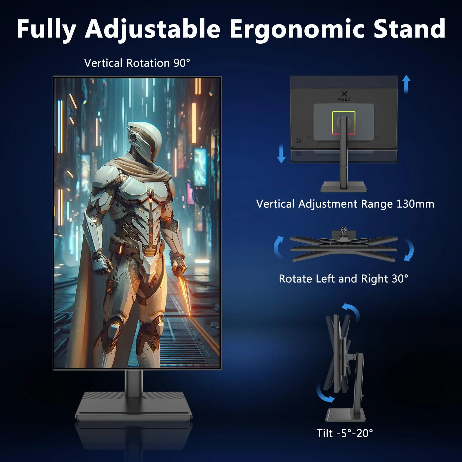 Z-Edge AGEX 27-calowy Monitor Gamingowy QHD 144Hz 2K 2560x1440 Szybki IPS MPRT 1ms, Monitor LED, 350 cd/m², FreeSync, HDR10, DP & HDMI, Regulacja Wysokości, Przechylny, Obrotowy, Pivot, Czarny