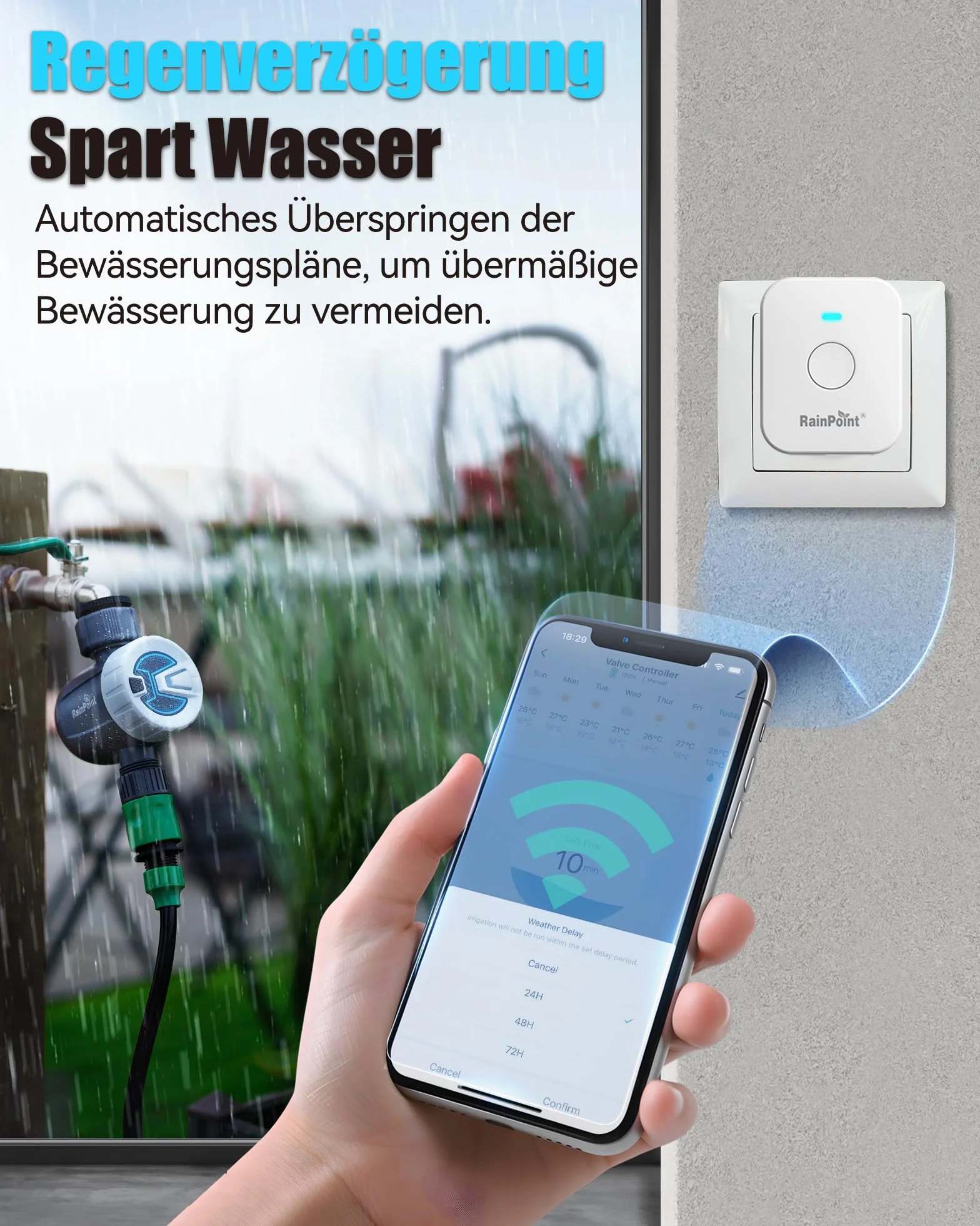 RAINPOINT Sterownik nawadniania WiFi, komputer z automatycznym nawadnianiem z 2 trybami nawadniania, zdalne sterowanie inteligentną aplikacją za pośrednictwem sieci WLAN 2,4 GHz lub Bluetooth, timer