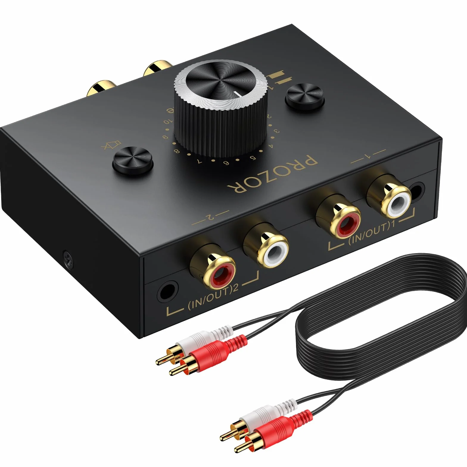 PROZOR Przełącznik audio stereo 3,5 mm i RCA – 2 (1)-In-1 (2)-Out rozdzielacz AUX L/R RCA dwukierunkowy przełącznik selektora, regulacja głośności i przycisk wyciszenia, pasywny konwerter do głośników
