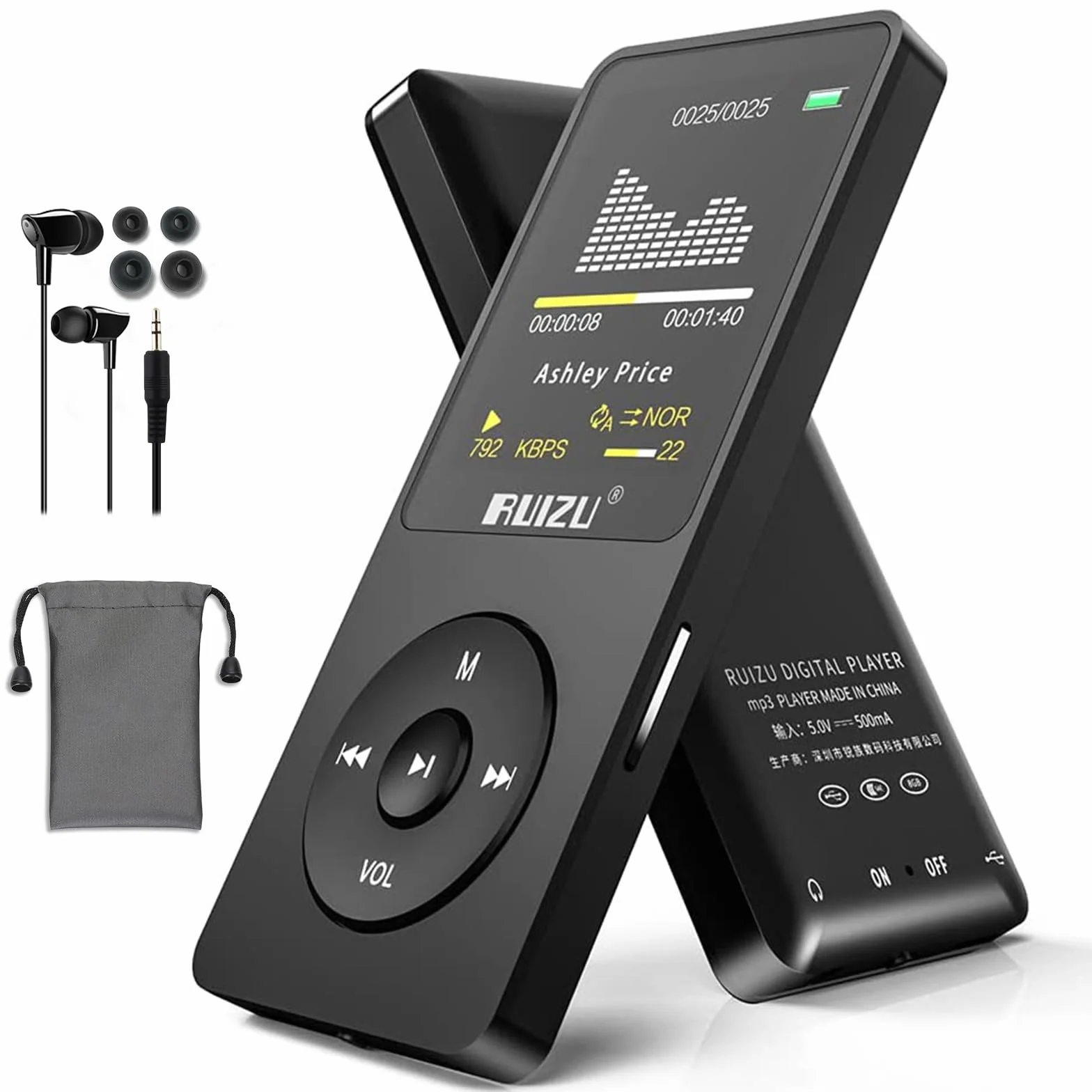 RUIZU 64GB odtwarzacz MP3 z Bluetooth 5.3, 1,8-calowy ekran, przenośny odtwarzacz muzyki, radio FM, nagrywanie głosu, 80H odtwarzanie audio i wideo, obsługa 128GB, kolor czarny
