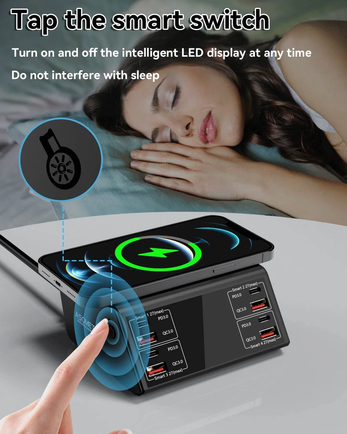 Ładowarka USB, ASOMETECH 100 W, 8 portów, wiele stacji ładujących USB z 4 szybkim ładowaniem 3.0, 4 portami USB C PD, bezprzewodową ładowarką, wyświetlaczem LCD, koncentratorem szybkiego ładowania do
