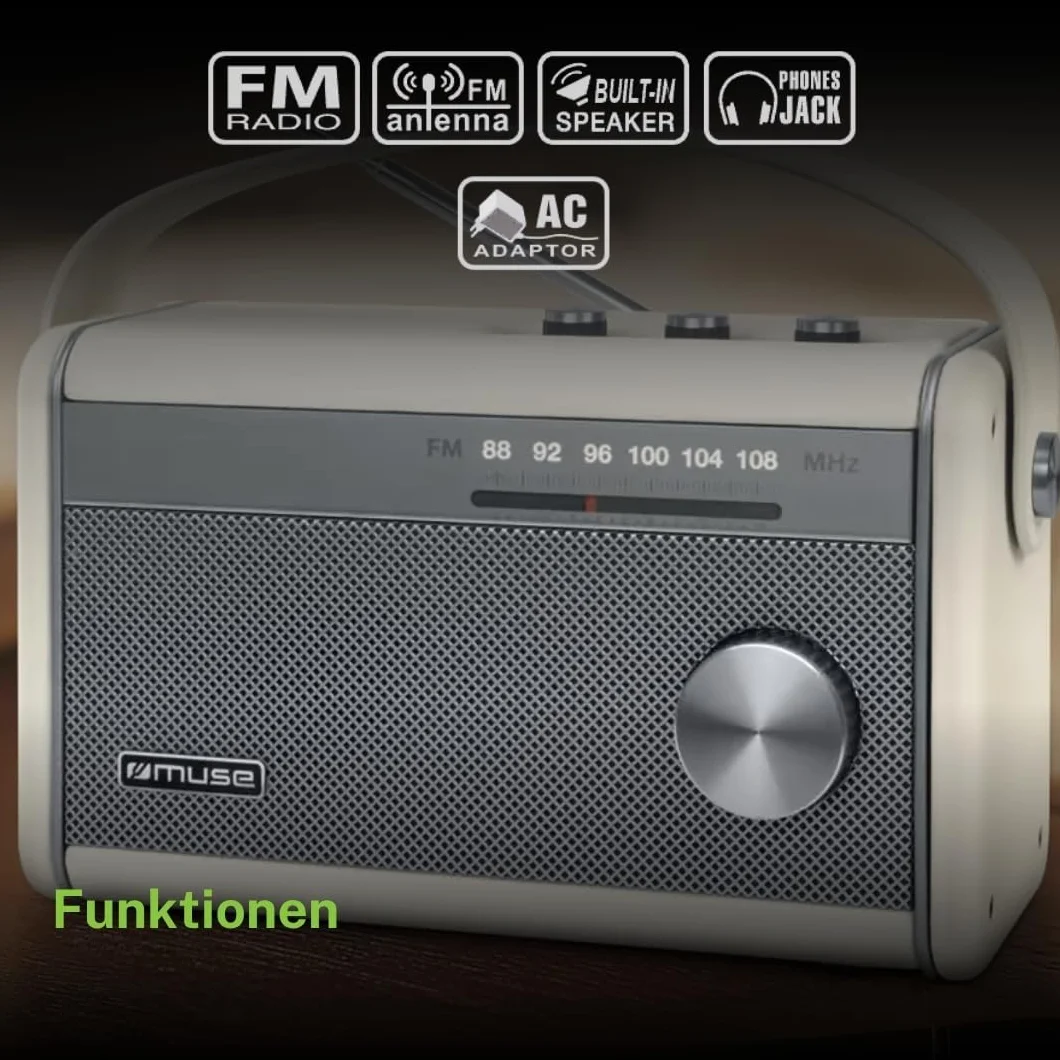 Muse M-098 SC przenośne radio Bluetooth, radio FM moc wyjściowa 10 W, antena teleskopowa FM, podświetlany wskaźnik częstotliwości, USB-C, gniazdo słuchawkowe, radio akumulatorowe, zasilacz w zestawie