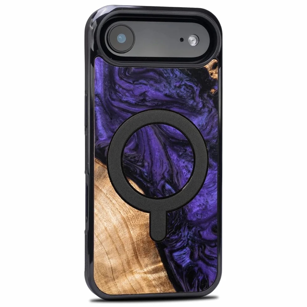 Unikalne etui kompatybilne z iPhone 17 Air – unikat w kolorze fioletowym i drewnianym – ręcznie wykonane etui ochronne ze szlachetnego drewna i żywicy kompatybilne z MagSafe, Made in Poland