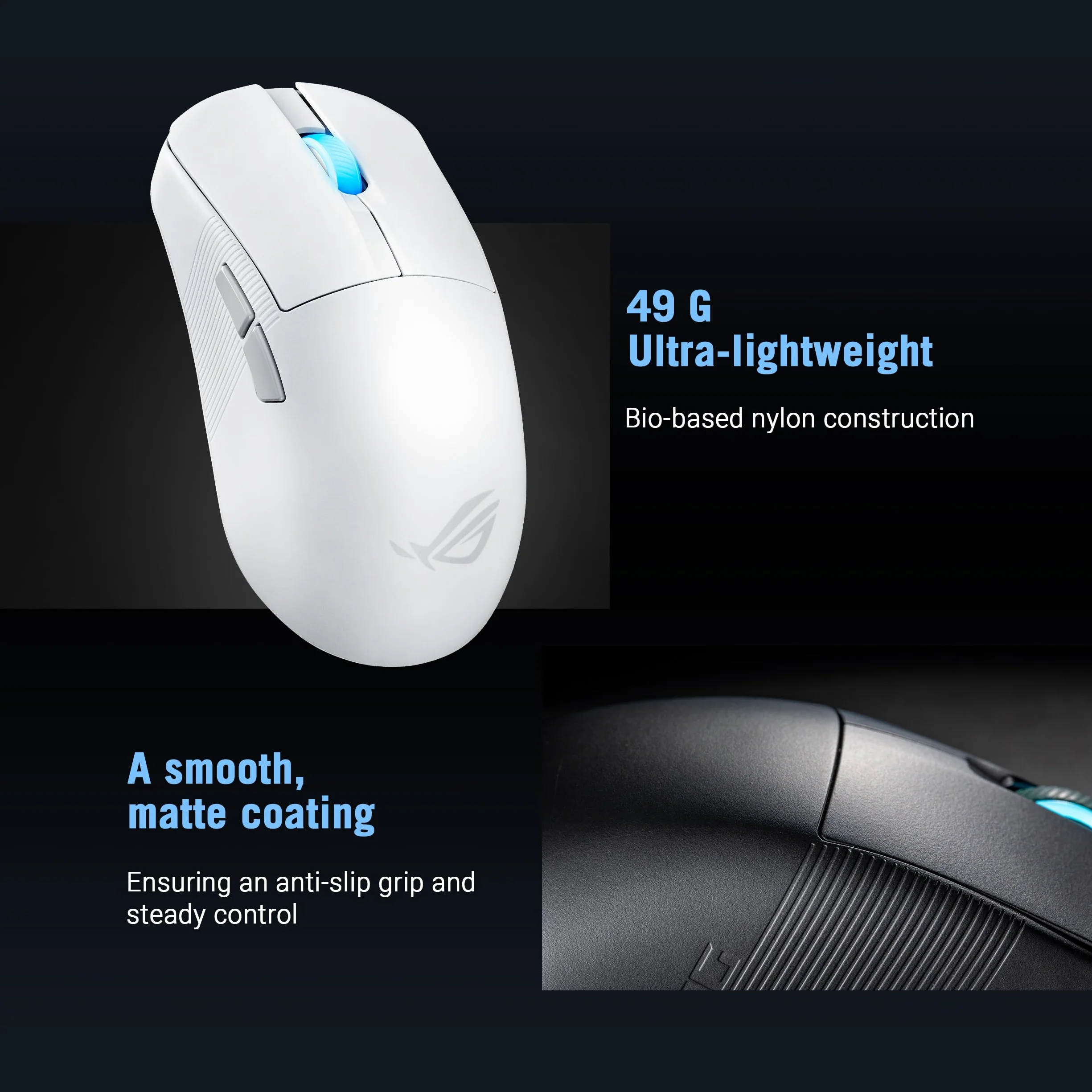 ASUS ROG Harpe Ace Mini bezprzewodowa mysz do gier, 49 g, lekka, czujnik optyczny AimPoint Pro 42K, mikroprzełączniki optyczne, ROG Polling Rate Booster, Esports i FPS, mała, średnia, księżycowa biel