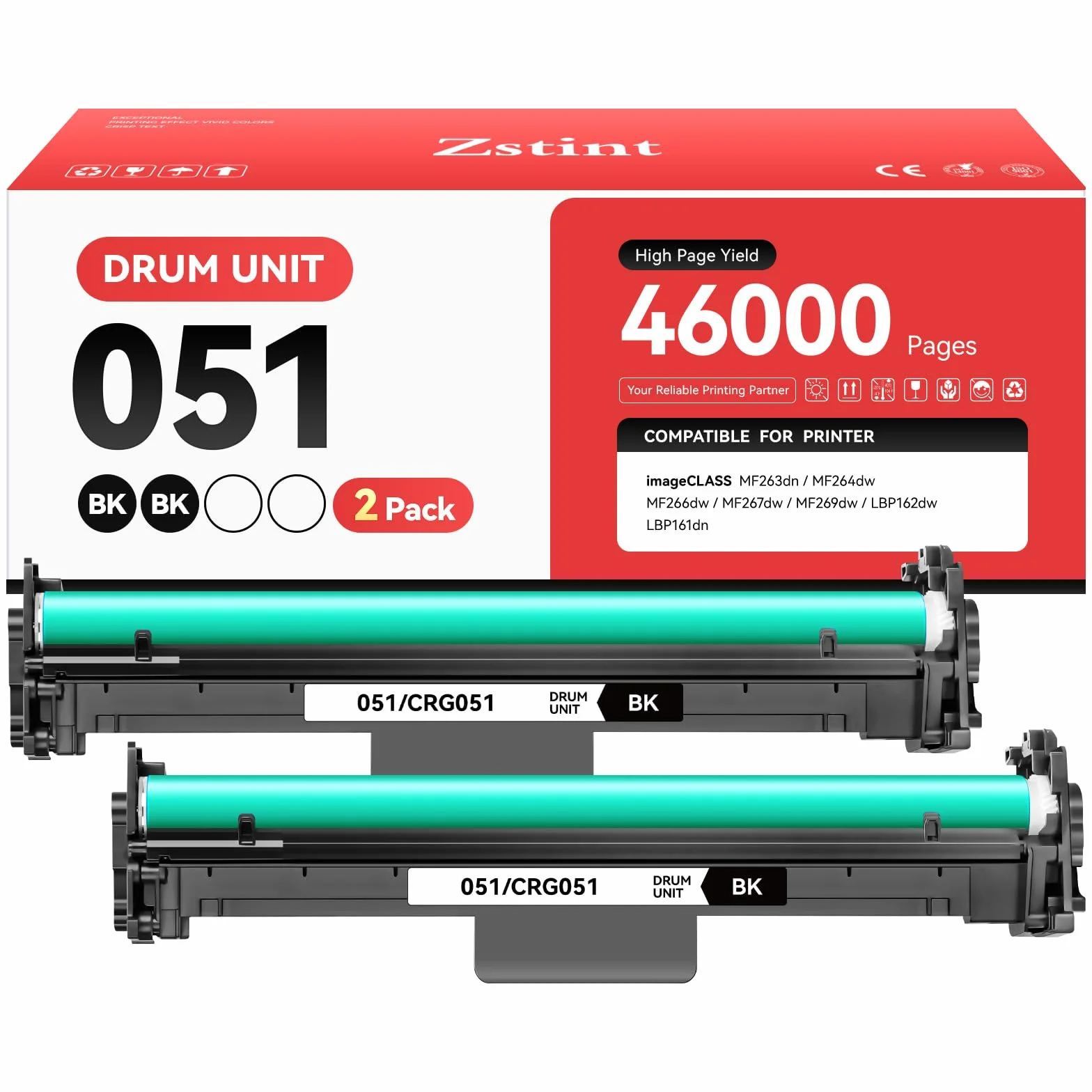Jednostka bębna 051 2-pak wysokiej wydajności zamiennik do Canon 051 CRG051 bęben obrazowy kompatybilny z drukarką Canon imageClass MF263dn MF264dw MF266dw MF267dw MF269dw LBP162dw LBP161dn LBP160