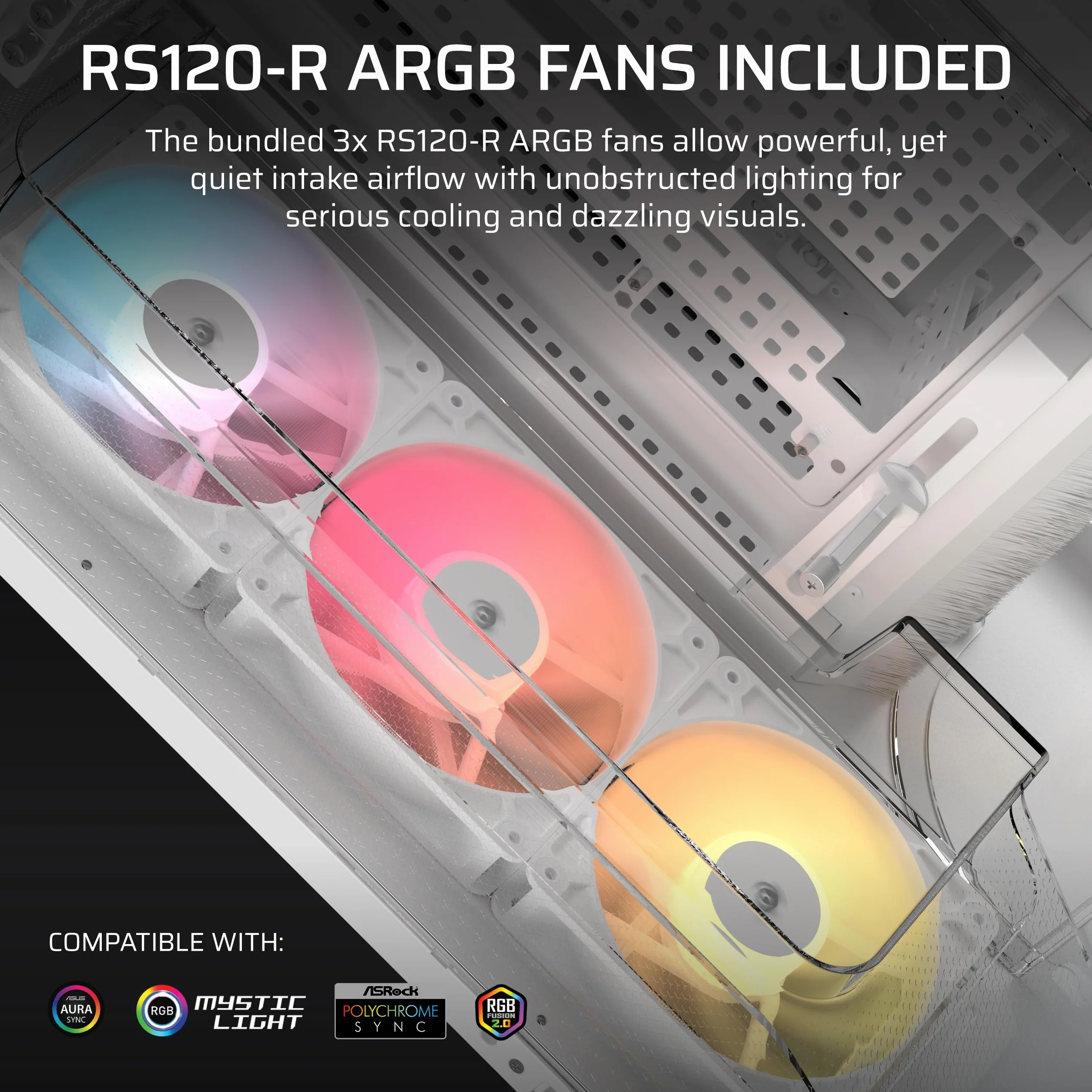 CORSAIR AIR 5400 RS-R ARGB trzykomorowa obudowa Mid-Tower Panoramiczna PC – 3 x wstępnie zainstalowane wentylatory RS120-R ARGB, niski poziom hałasu, kanały o wysokim przepływie powietrza, tylna płyta