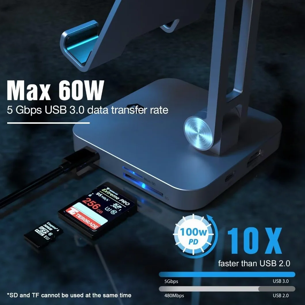Przenośna stacja dokująca do laptopa 8 w 1, koncentrator USB C ze stojakiem, adapter typu C z HDMI 4K, 2 USB-A 3.0, 100 W PD, gniazdo audio 3,5 mm, czytnik kart SD/TF do tabletów Surface/USB C