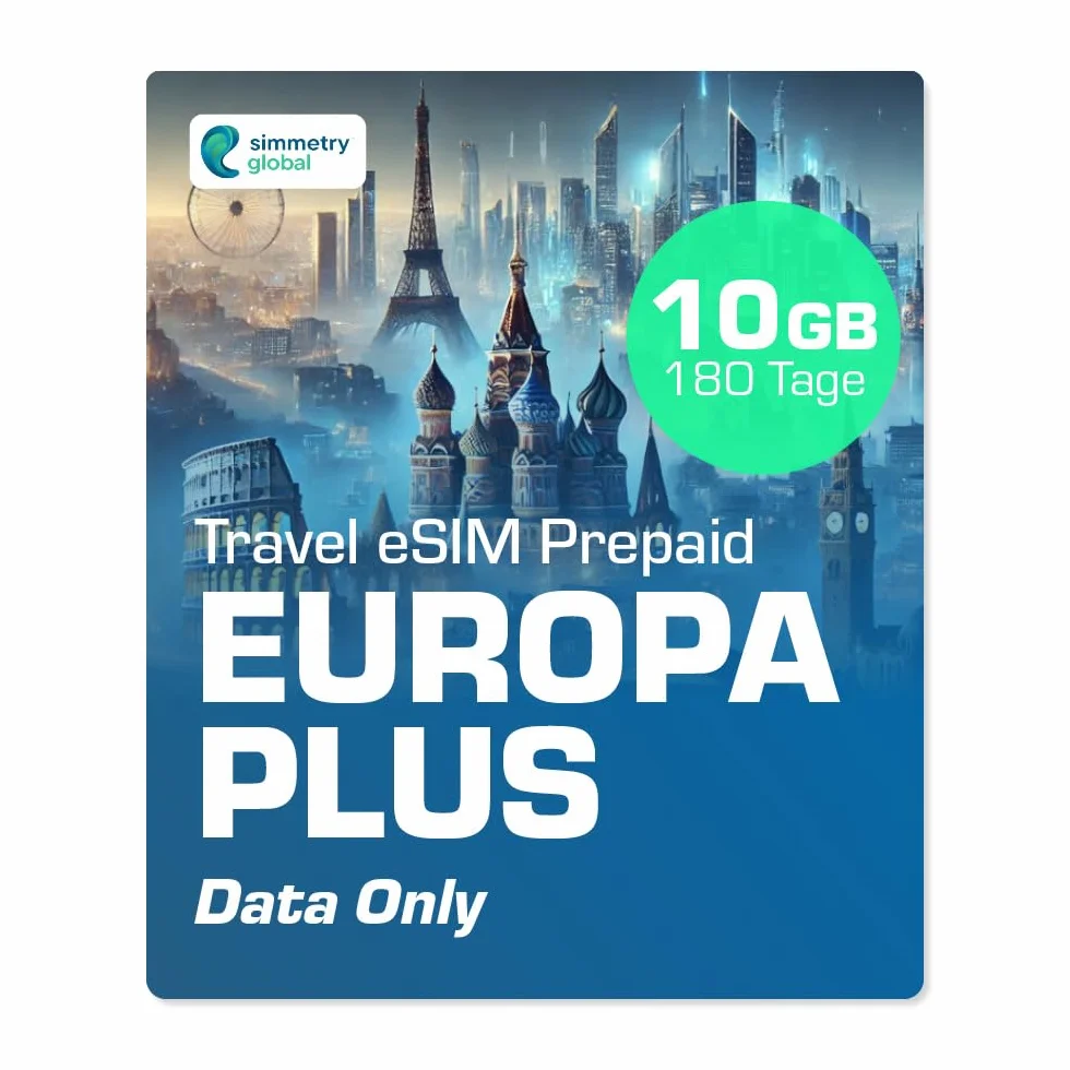 Simmetry Europe Plus dane eSIM, 10 GB, 180 dni, kompatybilne z urządzeniami z systemem iOS i Android, możliwość udostępniania hotspotów, idealne na długie podróże lub długotrwałe użytkowanie.