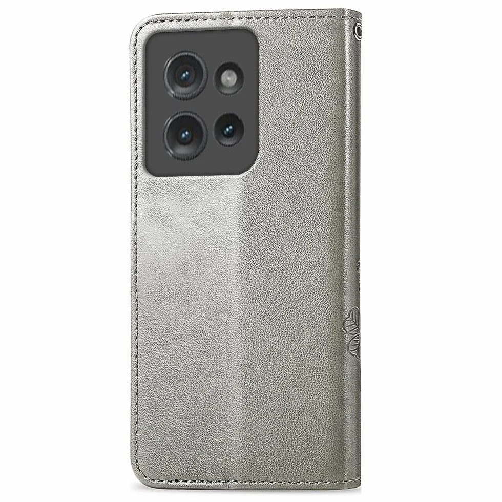 RankOne Skórzane etui do Motorola Moto Edge 50 Neo/ThinkPhone 25 (6,36 cala), pokrowiec z klapką z 3 gniazdami na karty 1 czterolistną kieszenią na monety wzór koniczyny - szary