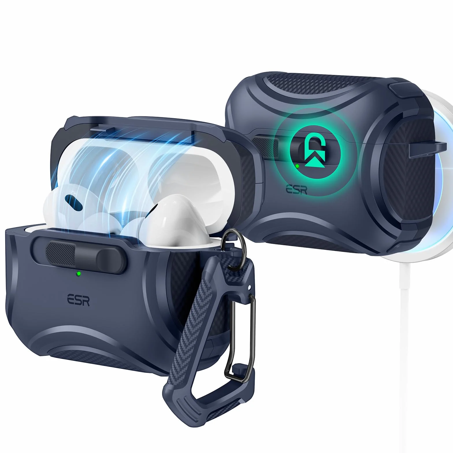 ESR Etui do AirPods Pro 2, kompatybilne z AirPods Pro 2./1. generacji (2023/2022/2019), kabel USB-C/Lightning, gotowe MagSafe, bezpieczne zamknięcie, łatwe otwieranie, seria Cyber, niebieskie