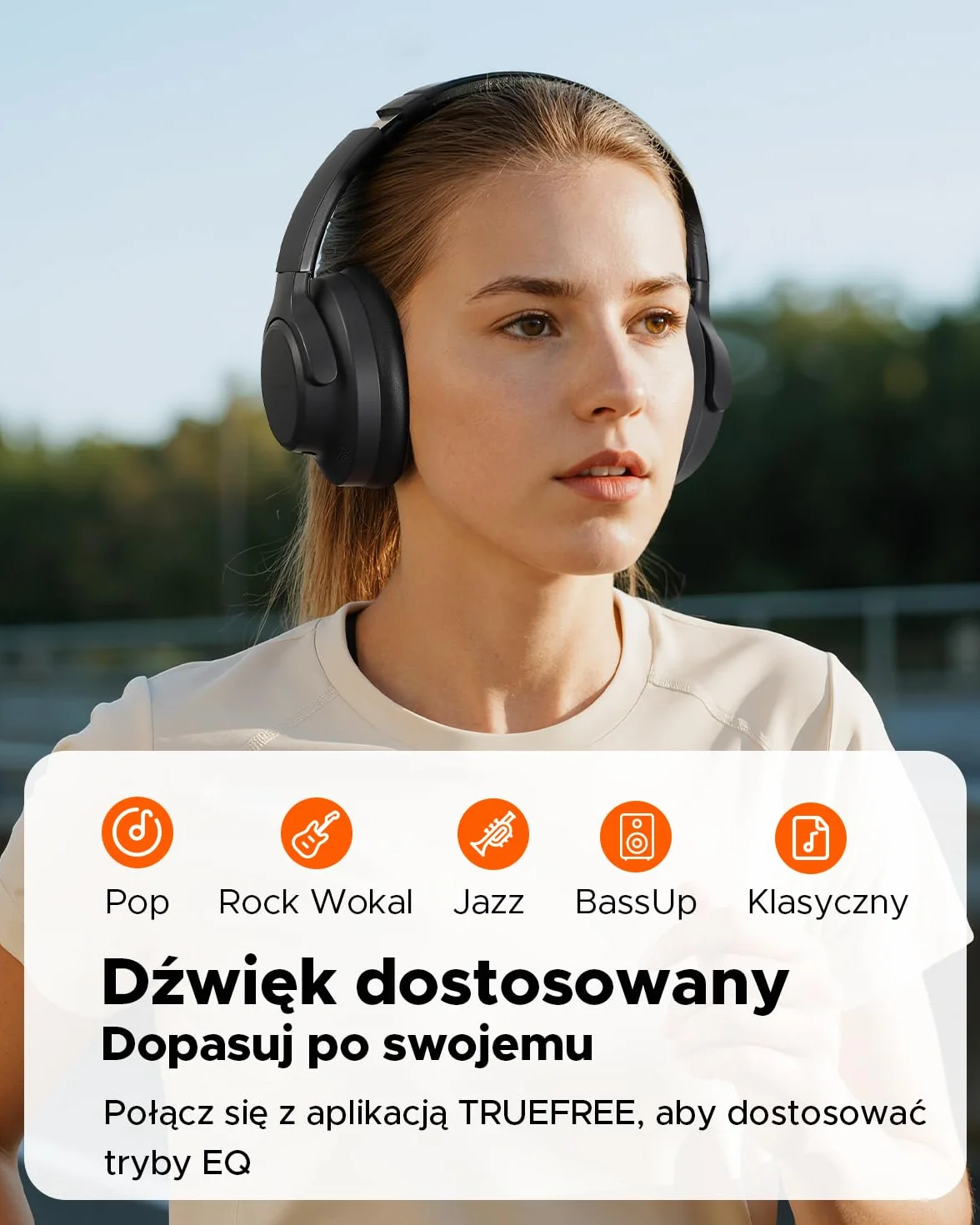 Truefree HF-10 nauszne słuchawki Bluetooth ze sterownikiem 40 mm, ANC -45 dB, dźwięk przestrzenny, akumulator 125 h, mikrofon AI, aplikacja, tryb gier, składany, USB-C, AUX, zestaw słuchawkowy z