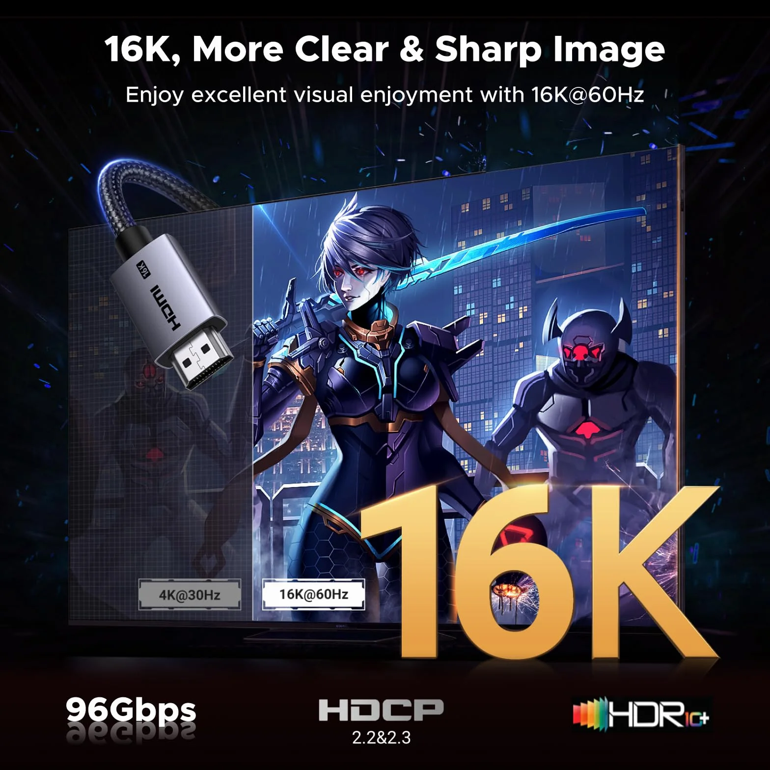 Kabel HDMI UGREEN 2.2 16K@60Hz 8K@240Hz 4K@480Hz 96 Gbps Ultra High Speed eARC HDR10+ VRR ALLM Dolby Vision HDCP 2.3 kompatybilny z komputerem stacjonarnym, laptopem, monitorem, PS5, PS4(2 m)