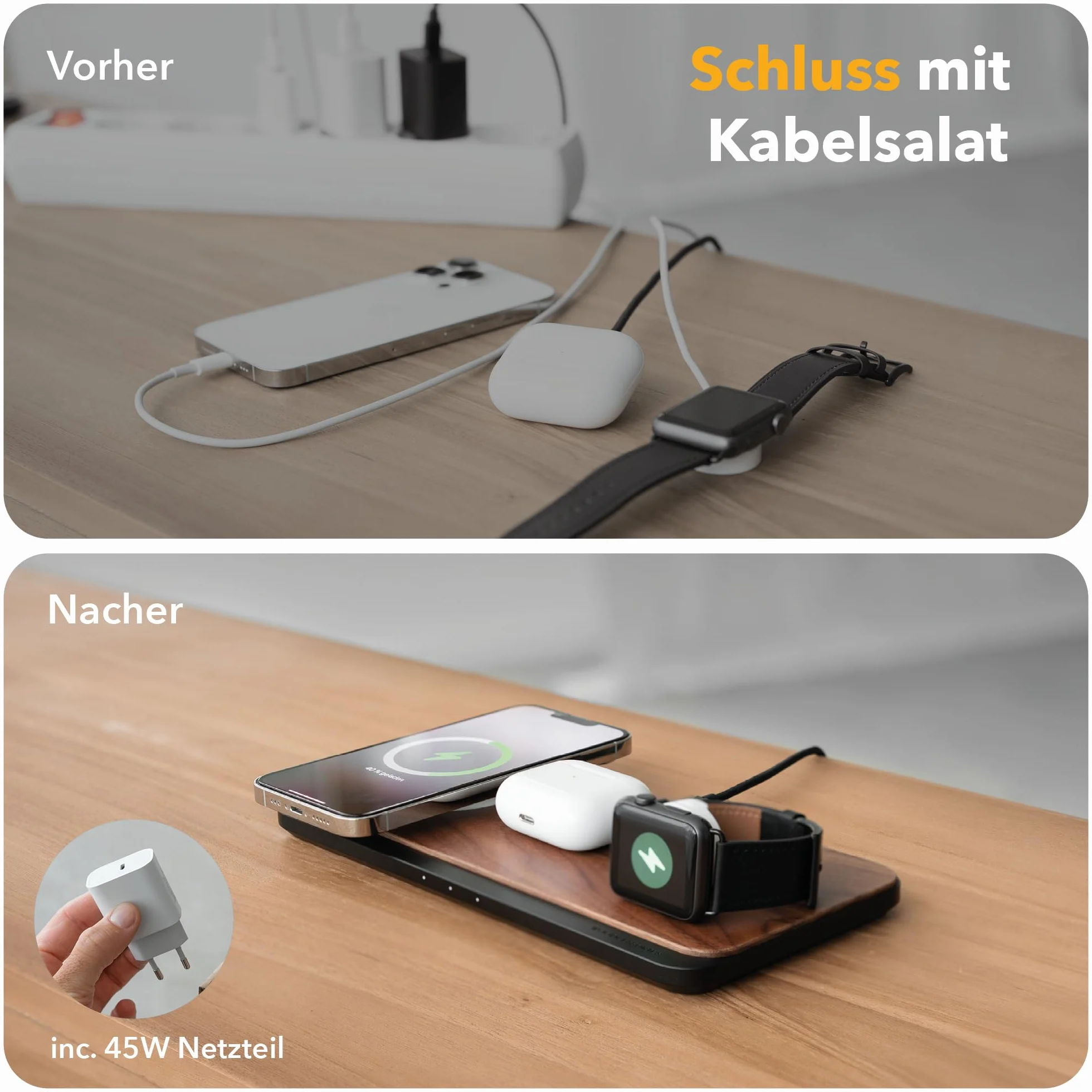 Woodcessories Multibase Pro - 3 w 1 drewniana stacja ładująca | Magsafe ładowarka | indukcyjna stacja ładująca do iPhone'a, Apple Watch, Air Pods w zestawie z adapterem Power 45 W