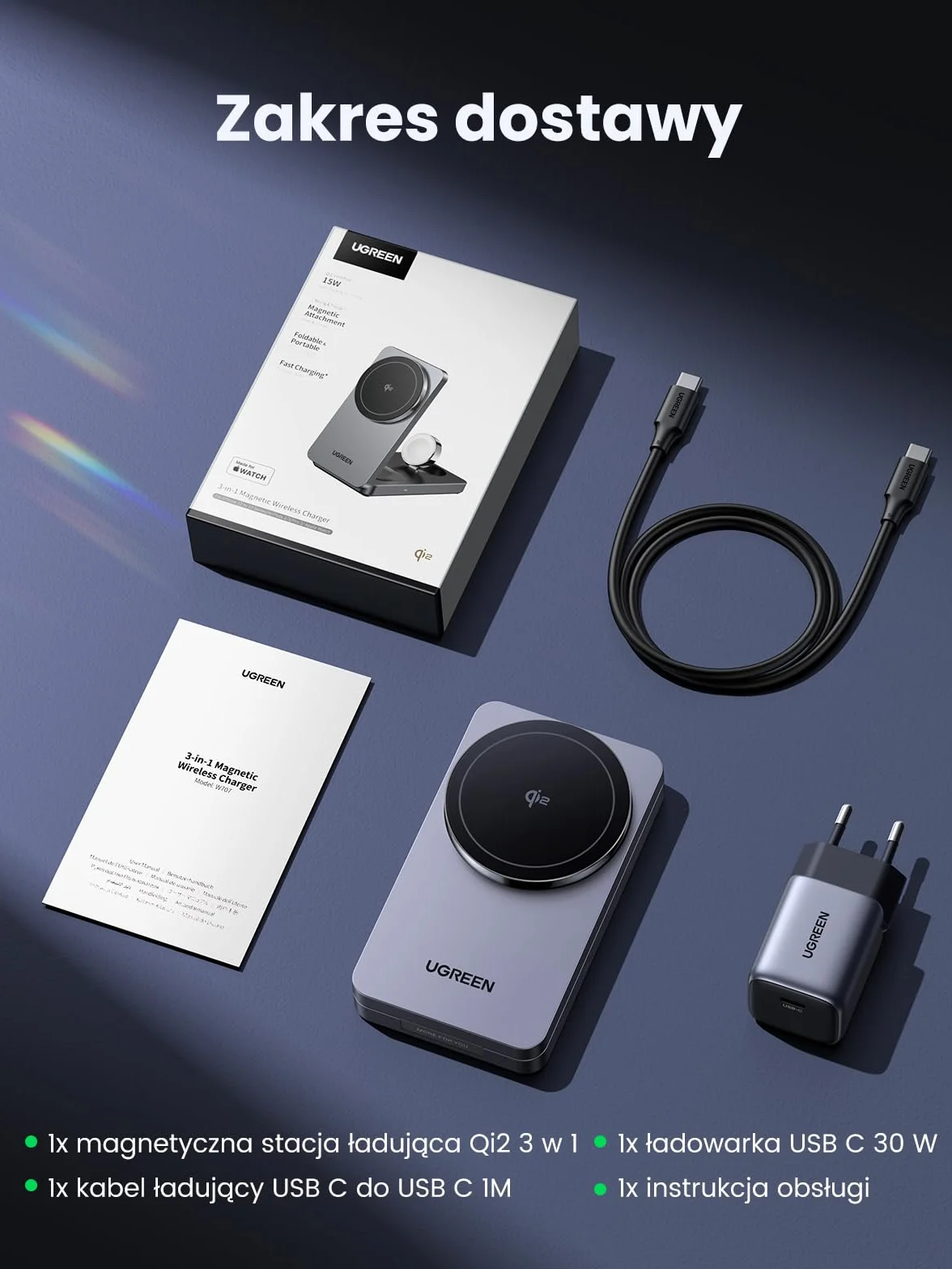 UGREEN MagFlow Qi2 15 W 3-w-1 składana stacja ładująca z MagSafe | Certyfikowana, z iPhone'ami 17-12, AirPodsami, smartwatchami, składaną magnetyczną podstawką z ładowarką 30 W i kablem