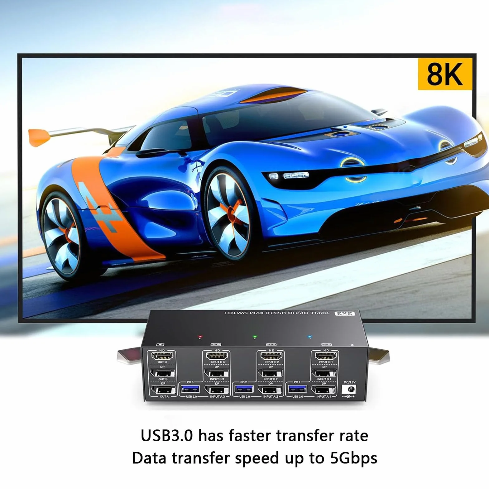 Przełącznik KVM USB 3.0 3 Wyświetla Komputery DisplayPort 8K 60 Hz 4K (Wtyczka UE)