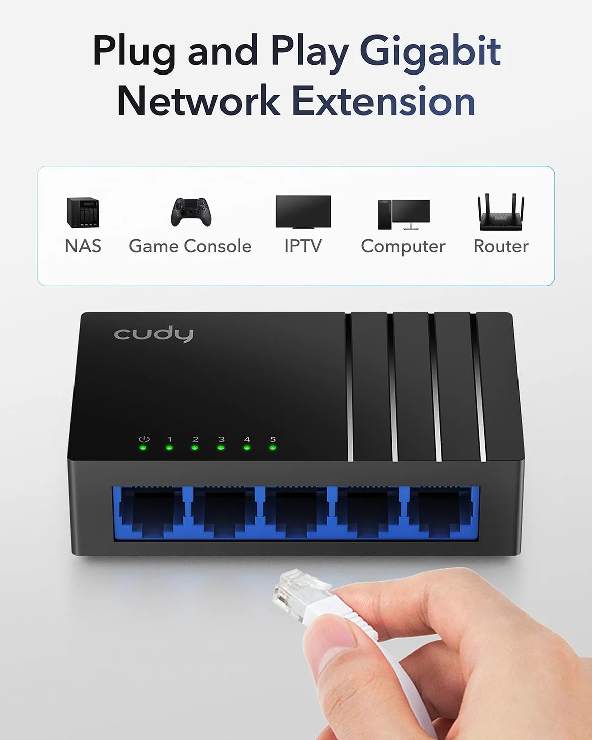 Cudy GS105D 5-portowy przełącznik sieciowy Gigabit Ethernet, rozdzielacz Ethernet, optymalizacja ruchu, Plug and Play