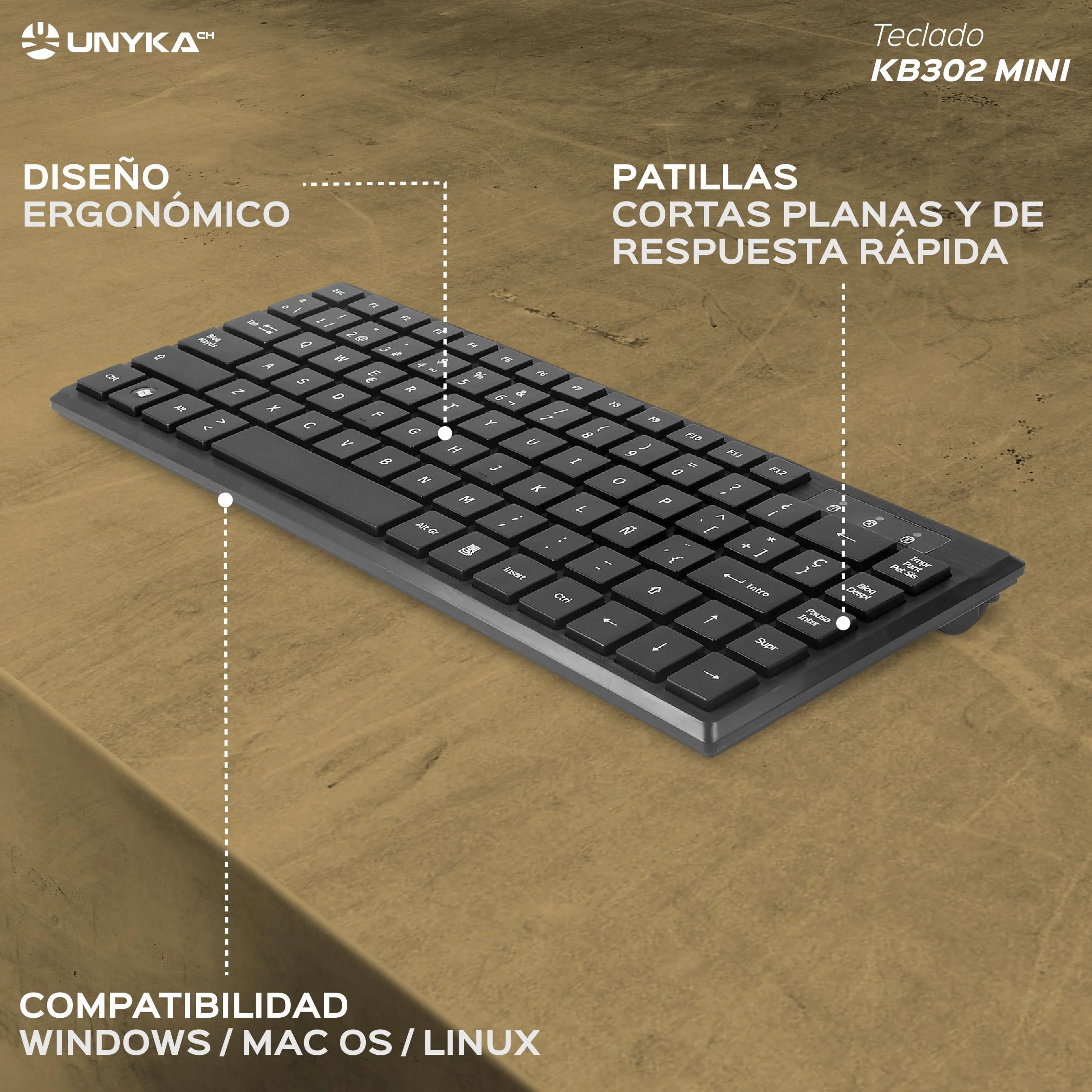 Unykach KB302 Mini Ultra płaska klawiatura - 83 klawisze, cicha membrana, uniwersalna, kompaktowa konstrukcja, matowa czerń, złącze USB, układ QWERTY hiszpański
