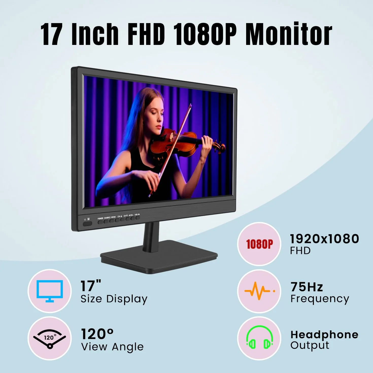KCR 17-calowy monitor LED FHD 1920 * 1080 | Wejście HDMI VGA, wbudowane głośniki, częstotliwość odświeżania 75 Hz, czas reakcji 5 ms