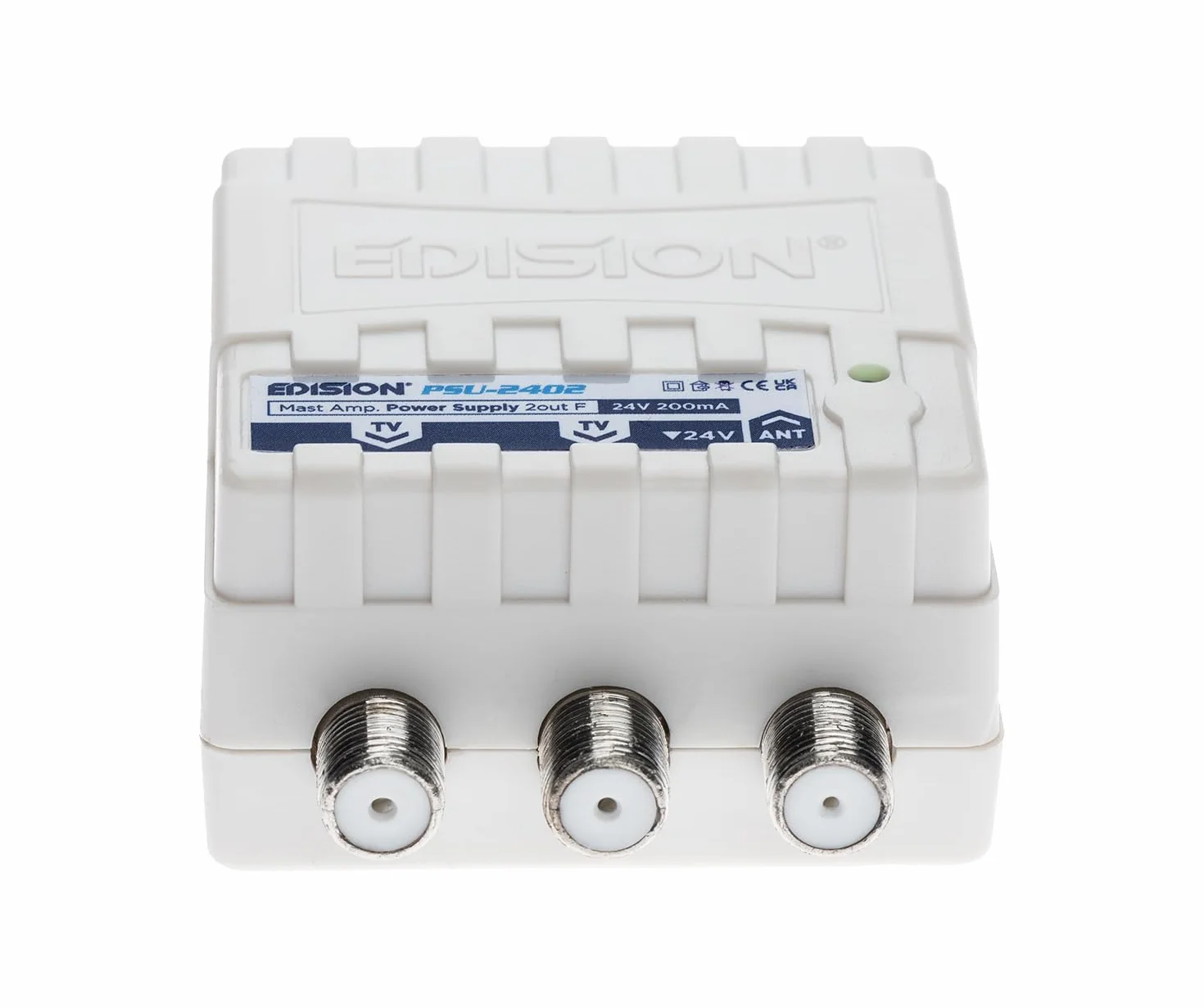 EDISION PSU-2402 wzmacniacz słupkowy anteny telewizyjnej ze złączem F, DC 24 V 200 mA, częstotliwością 5-862 MHz, 1 wejście, 2 wyjściami
