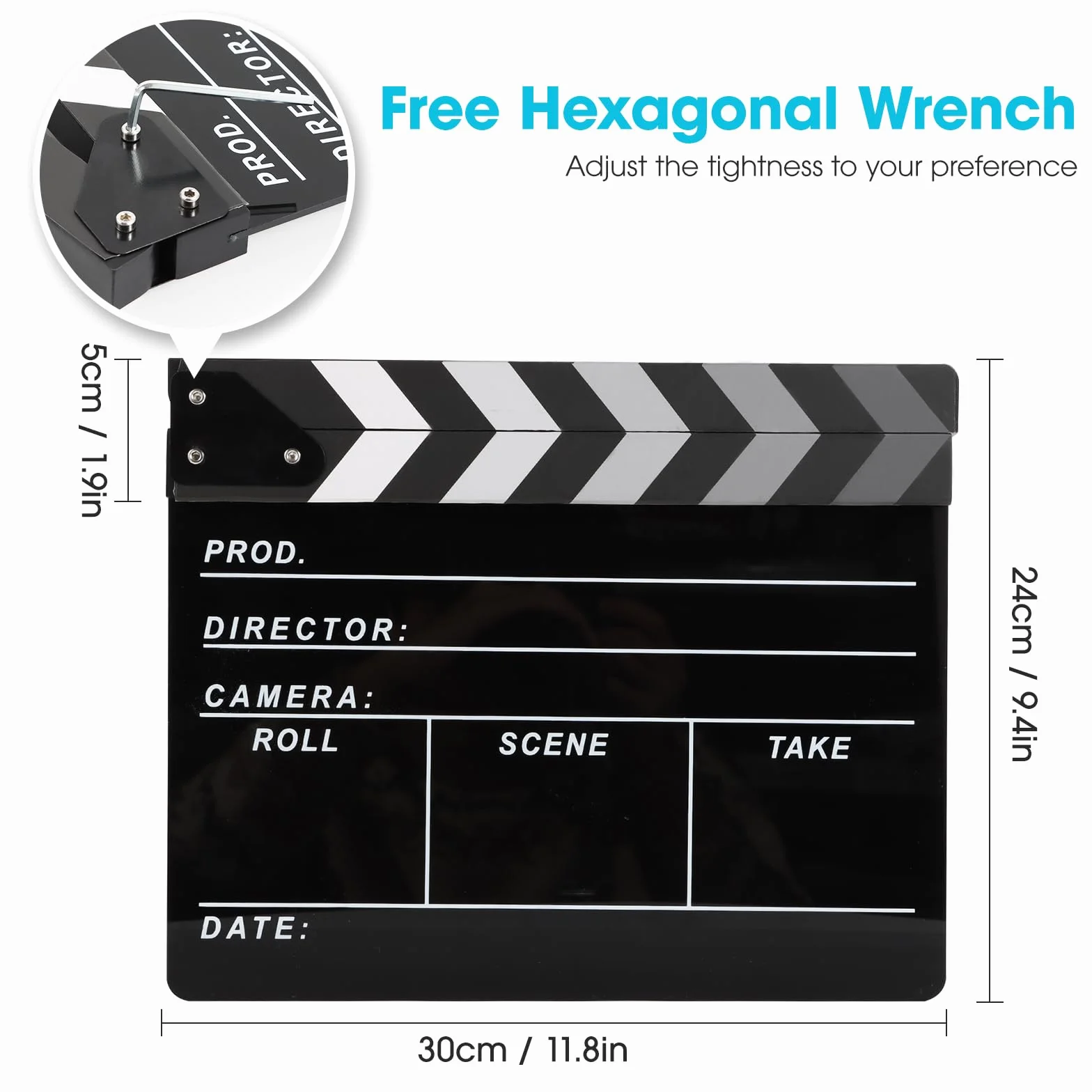 Reżyserzy filmowi Clapboard, Move Slate Photography Video TV Cut Action Scene Akrylowe rekwizyty z magnetyczną gumką do tablicy, dwa niestandardowe długopisy, ściereczka do czyszczenia i klucz