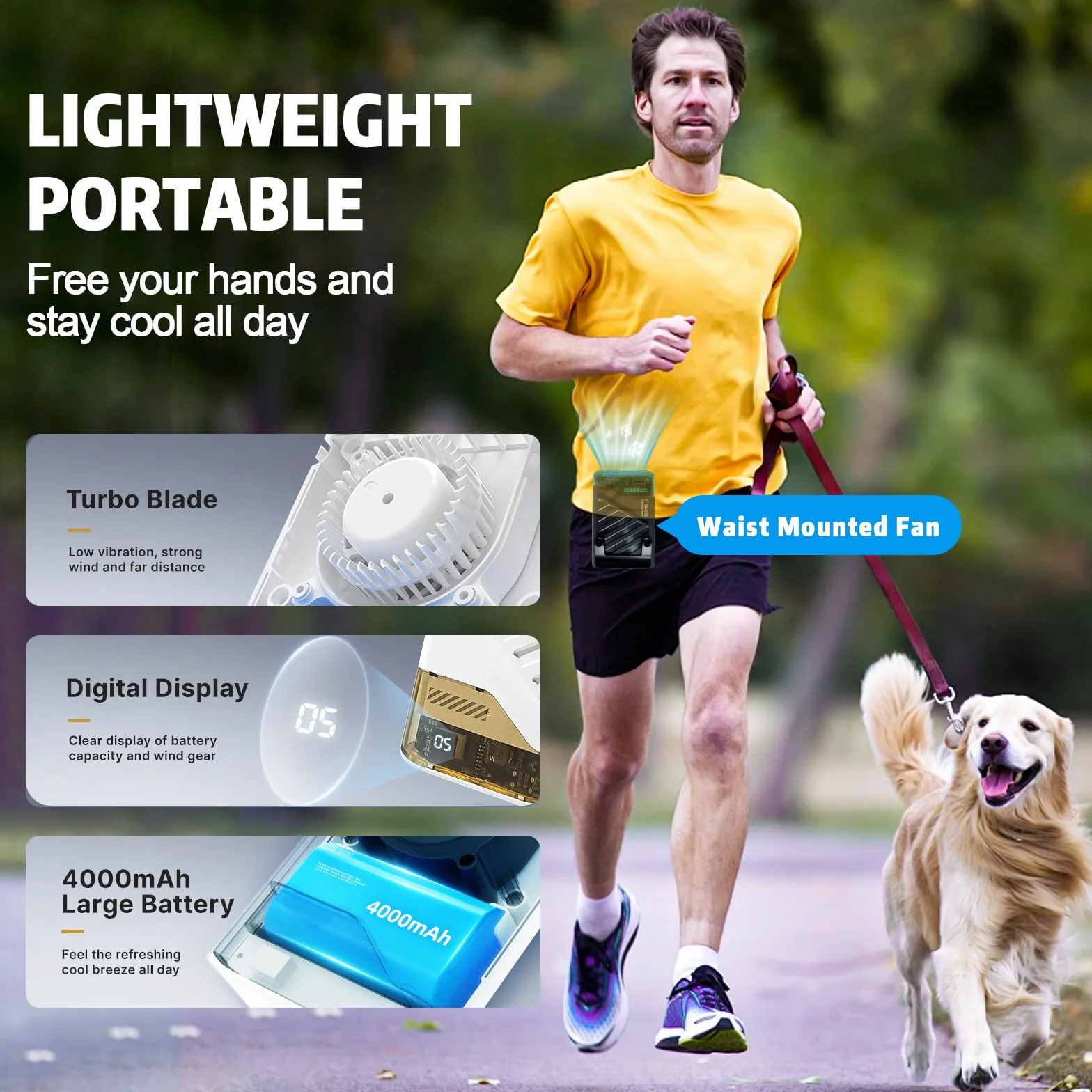 Gemmac Przenośny wentylator w talii, Stojący/Szyjny/Biodrowy/Ręczny - Wyświetlacz LED%Baterii - 5 Prędkości 10 000 obr/min, Power bank o pojemności 4000 mAh- Cichy do Biura & Praca na zewnątrz