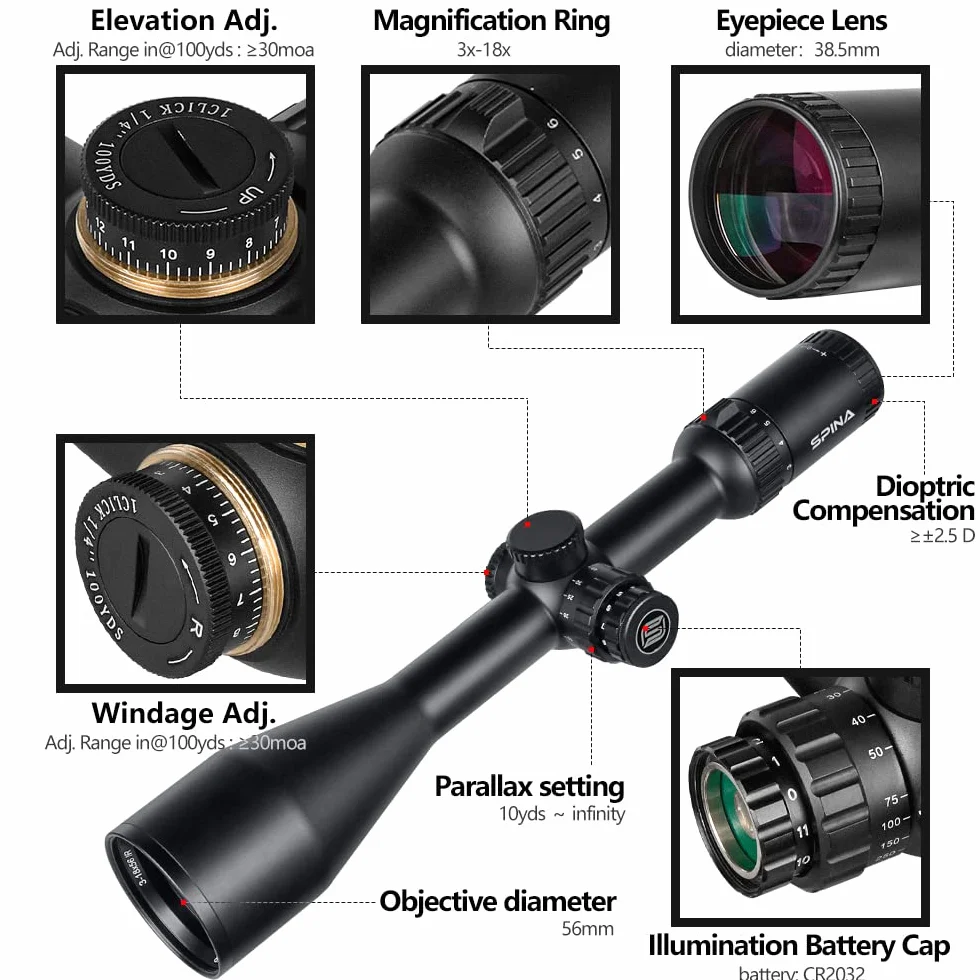 SPINA OPTICS 3-18x56mm luneta celownicza strzelanie taktyczne celownik optyczny, drugi ogniskowy samolot myśliwski luneta celownicza, 30mm lunety rurowe