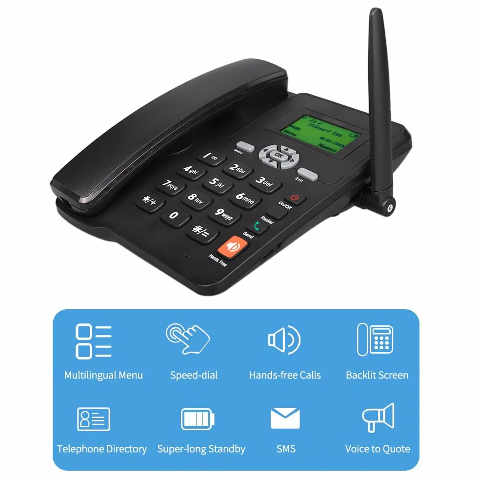 GSM 850/900/1800/1900 MHz, karta SIM 2G, bezprzewodowy telefon stacjonarny z anteną radiową, funkcja alarmu do domu, centrum obsługi telefonicznej biura, firmy hotelowej