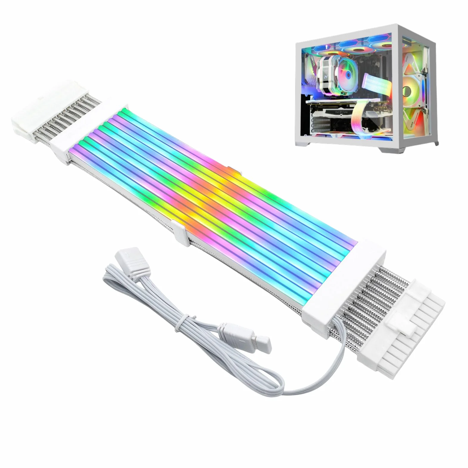 ARGB PSU zestaw osłon kabli 5 V, 24 piny, zsynchronizowany kabel zasilający RGB do płyty głównej, 8-pinowa karta graficzna ARGB, osłony oświetleniowe do przedłużeń kabla zasilacza 60 cm