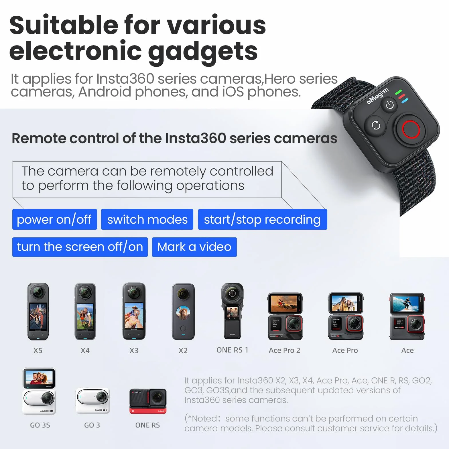 Pilot zdalnego sterowania Bluetooth do Insta360 Ace Pro 2 X5 ONE RS GoPro Hero 13 12, bezprzewodowy pilot zdalnego sterowania z paskiem na nadgarstek, zasięg 50 m, inteligentna kamera akcji, akcesoria