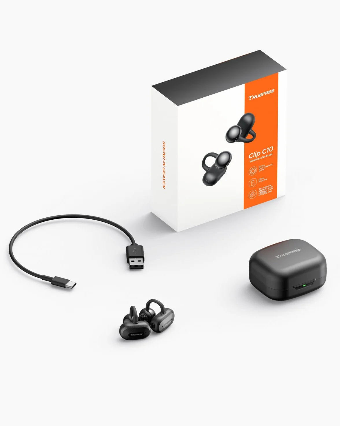 Truefree C10 Bezprzewodowe Słuchawki Douszne z Klipsem, Otwarta Konstrukcja, Bluetooth 5.4, 12mm Przestrzennym Dźwiękiem, 28H Odtwarzania, IPX5, AI-ENC, Podwójne Łączenie, Aplikacja