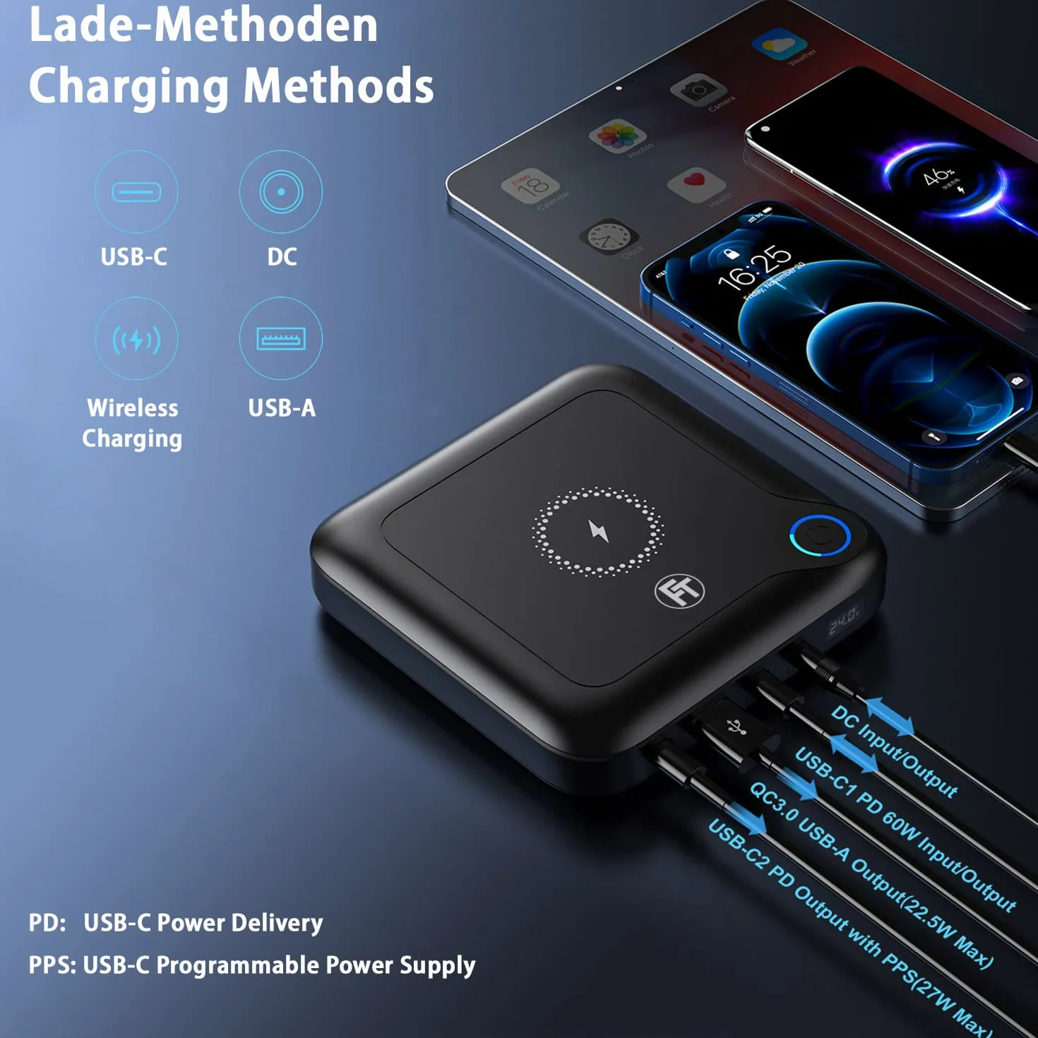 FeinTech PLG02400 Laptop Powerbank 60 W PD USB-C i DC przyłącze do notebooka, MacBooka, iPada, tabletu, smartfona, aparatu, Nintendo Switch, 10 W, bezprzewodowe ładowanie, 88 Wh, 24000 mAh, 122 x 122