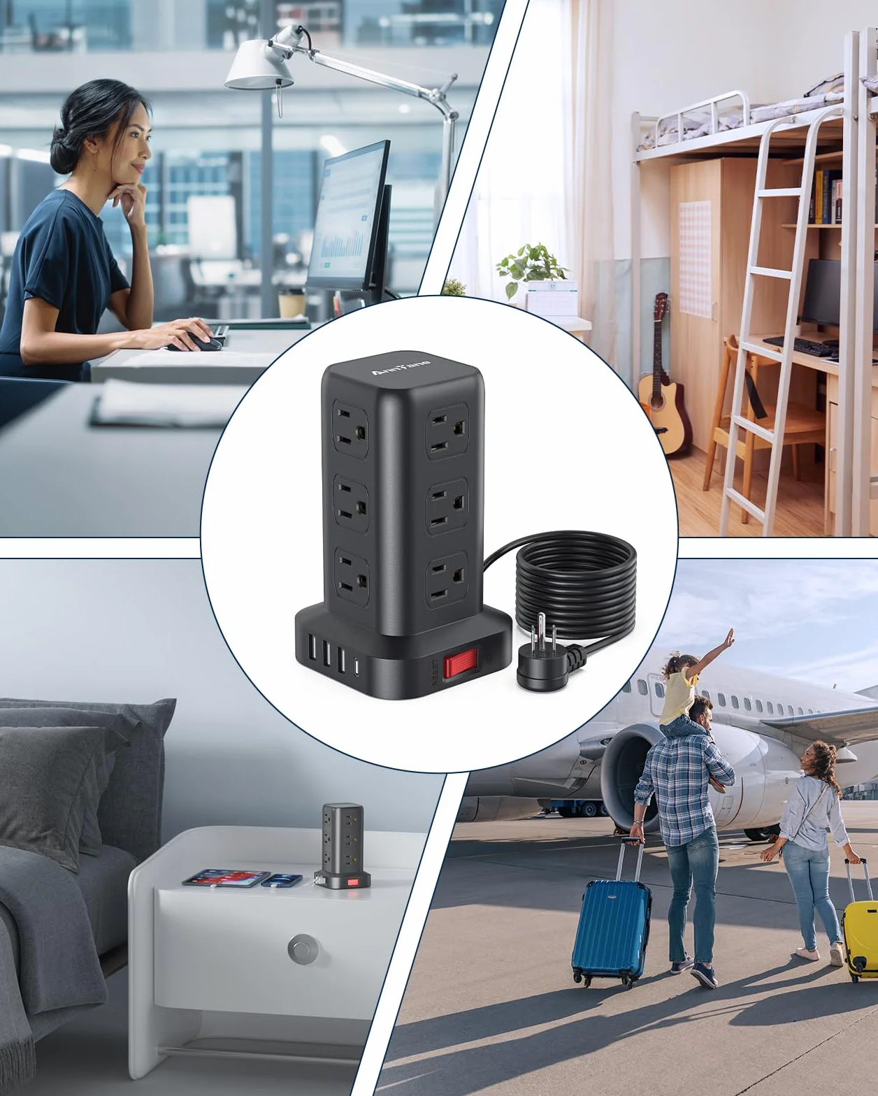 AnnTane - Listwa zasilająca z ochroną przeciwprzepięciową 1,8 m, listwa zasilająca z 4 portami USB (1 USB C), przedłużacz z 12 gniazdami prądu zmiennego,