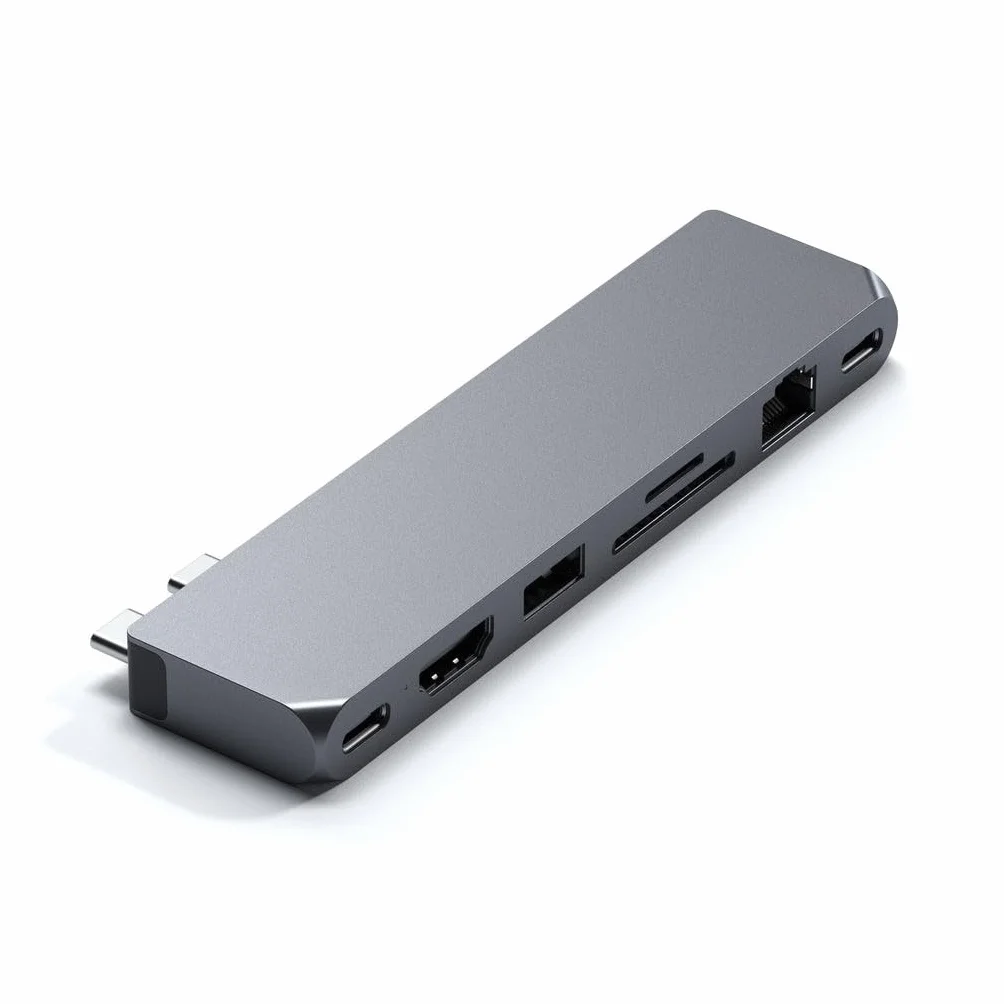SATECHI podwójny hub USB-C Pro Max 8 w 1, gwiezdna szarość | USB4 40 Gb/s, PD 96 W, HDMI 4K@60 Hz, Ethernet, porty USB-C/USB-A 5 Gb/s, audio i czytniki kart