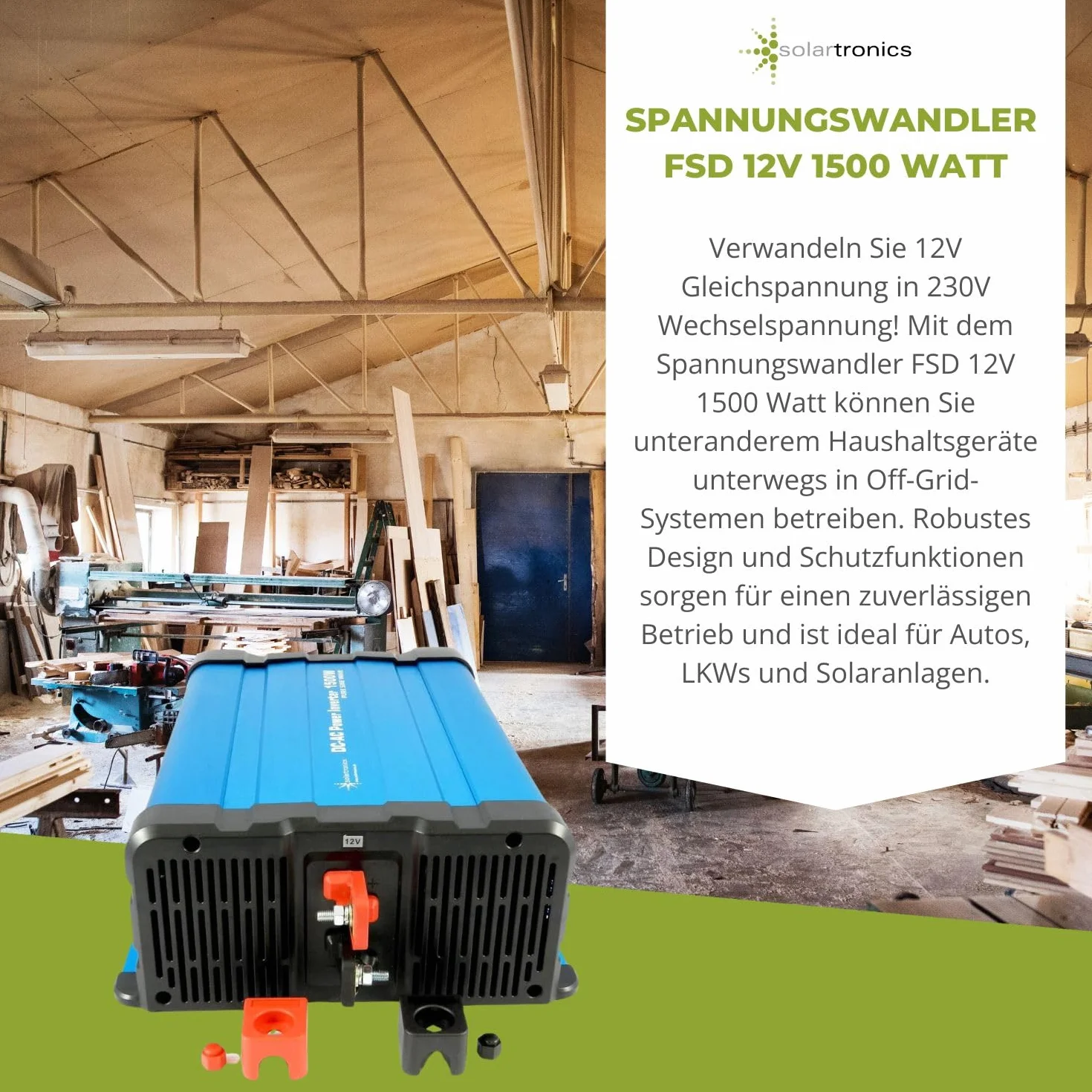 Solartronics Przetwornica napięcia FS1500D 12V 1500/3000 W, czysty sinus niebieski z wyświetlaczem