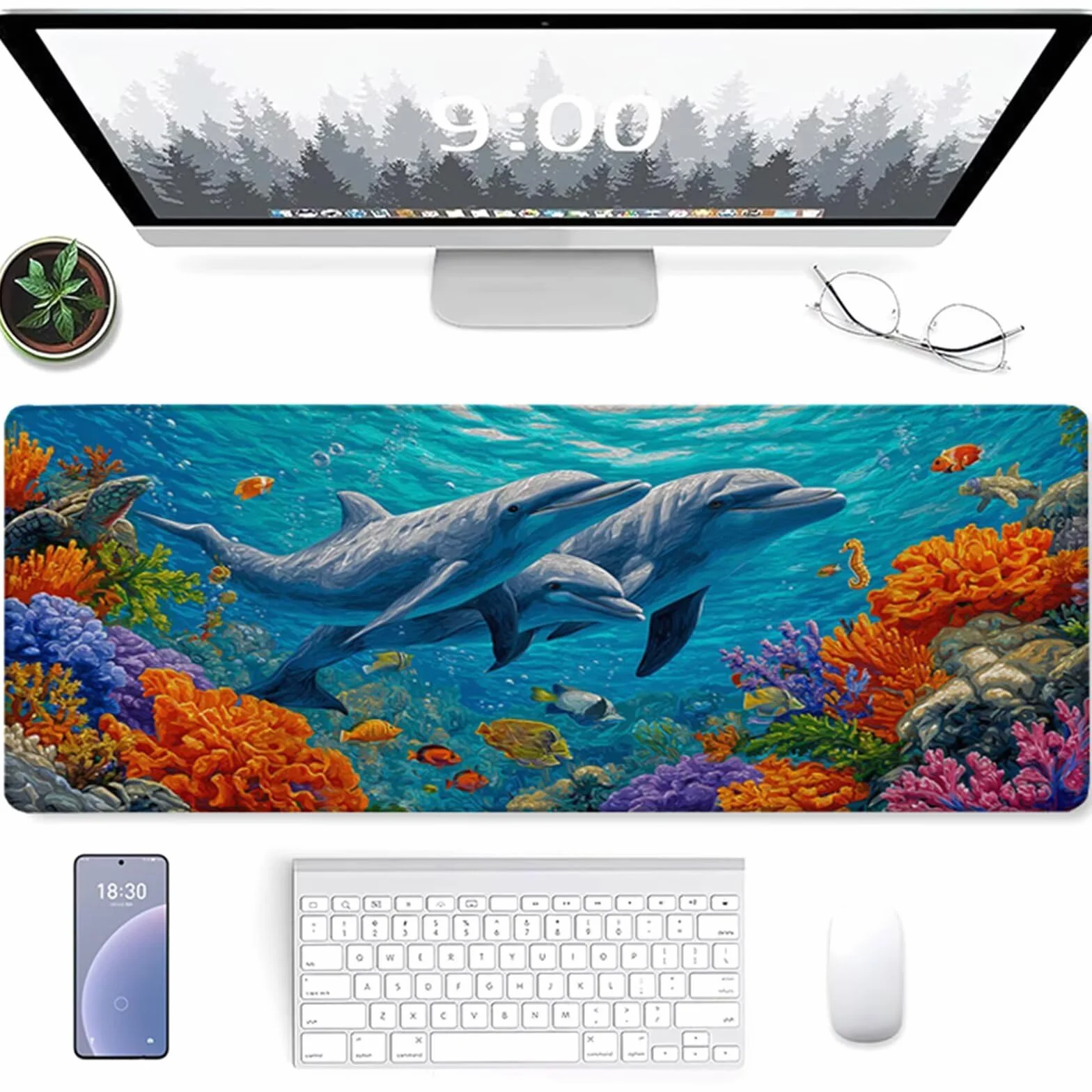Podkładka pod mysz 1200 x 600 x 3 mm ryby, delfin mata na biurko do gier, podkładka pod mysz z gumową podstawą, mata biurowa ze szwami na krawędziach, akcesoria dla graczy, do domowego biura gier