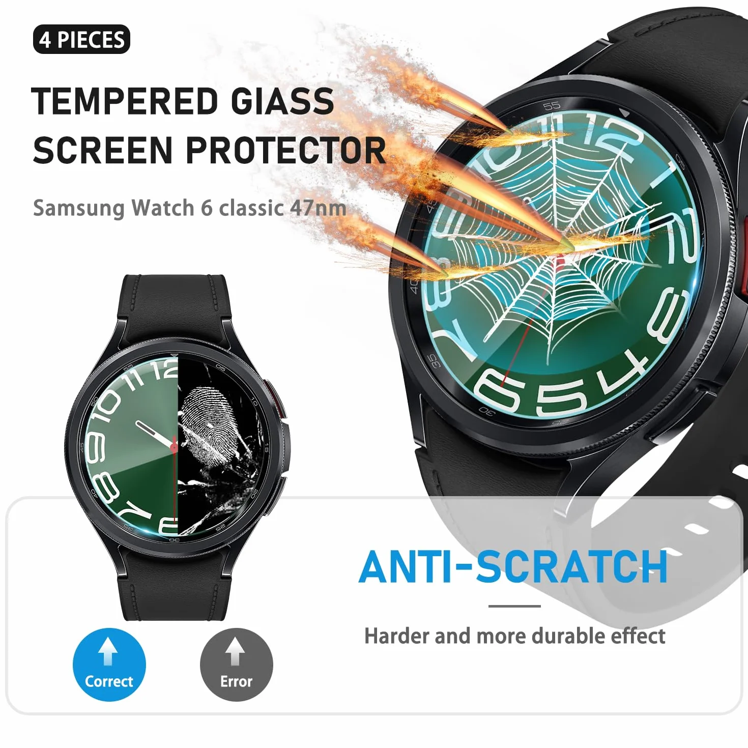 Diruite 4 Sztuki Ochraniacz Ekranu do Samsung Galaxy Watch 6 Classic 47mm,HD Szkło Hartowane Folia Ochronna do Samsung Galaxy Watch 6 Classic 47mm Smartwatch[Anti-scratch]