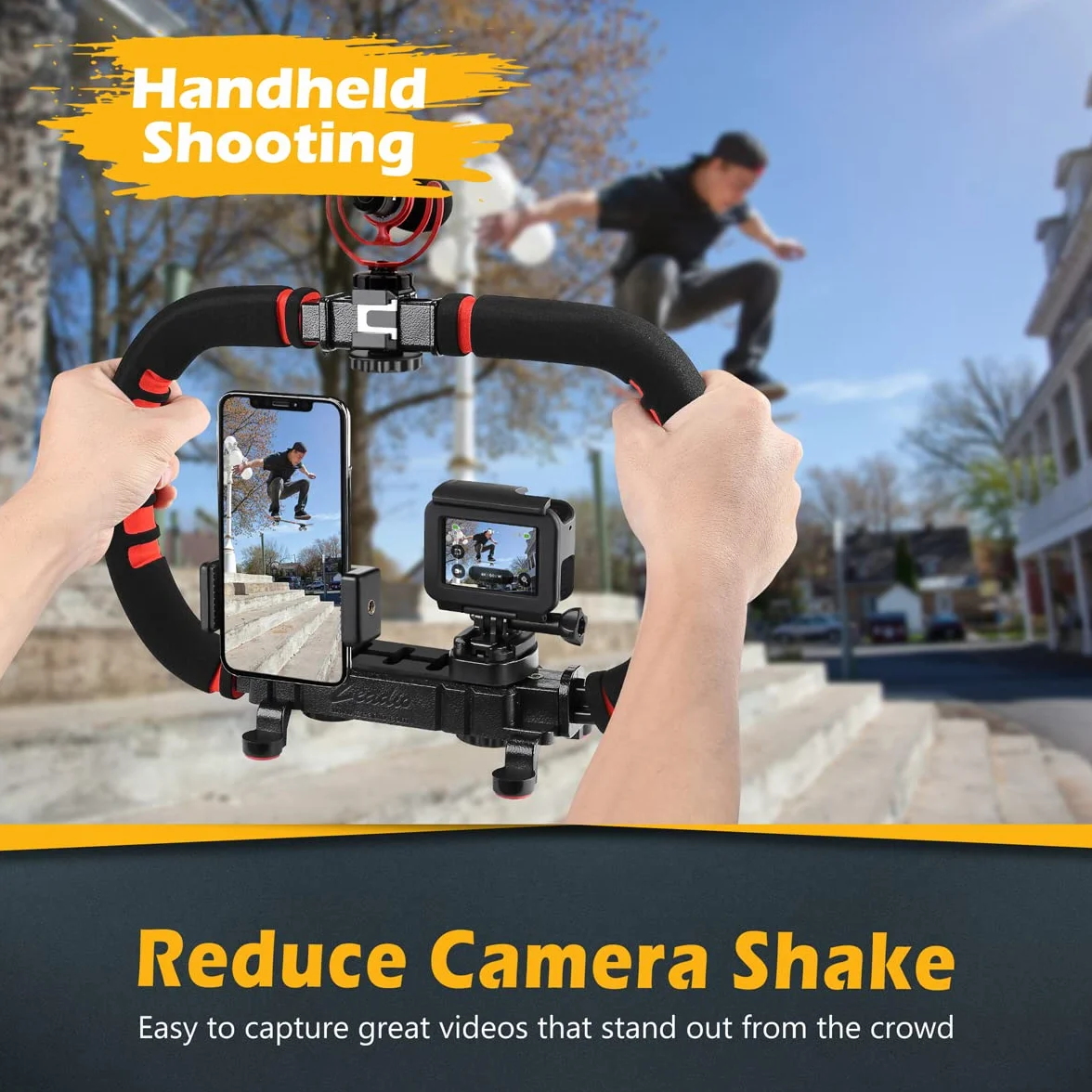 Zeadio Stabilizator do smartfona i aparatu - ręczny uchwyt wideo z uchwytem, kompatybilny ze wszystkimi kamerami, kamerami, akcjami, lustrzankami, telefonami iPhone i Androidem
