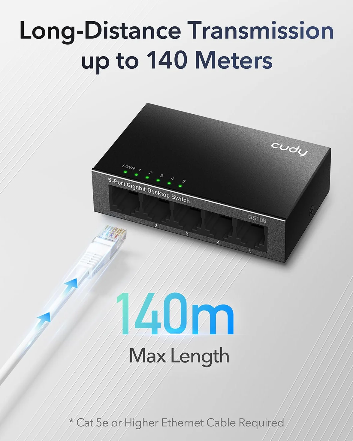 Cudy GS105 Przełącznik Ethernet Gigabit 5 portów, 10/100/1000 Mbps Hub Ethernet, Plug & Play, Metalowa obudowa Switch RJ-45 RJ45 VLAN Auto-MDI/MDIX czarny