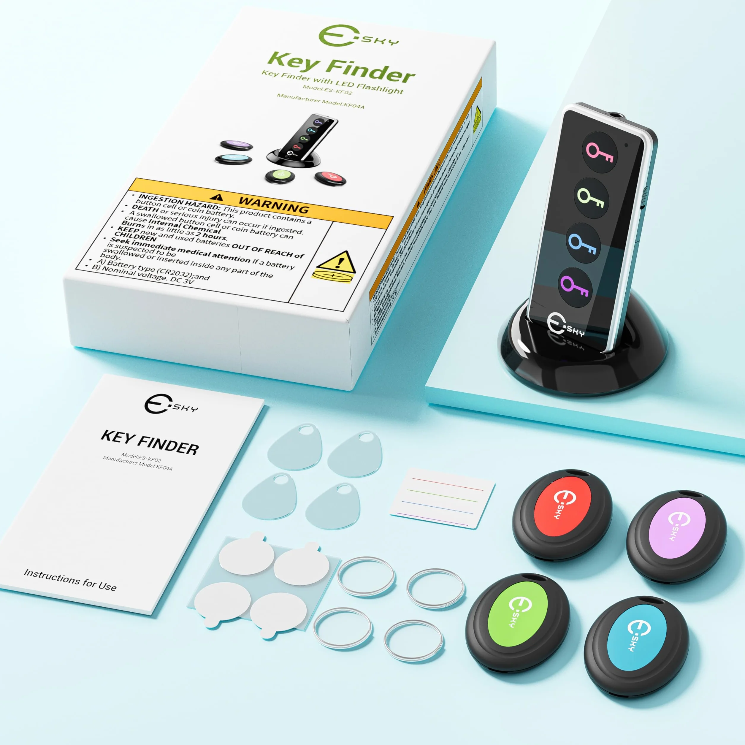 Esky 4 w 1 bezprzewodowy lokalizator kluczy, lokalizator przedmiotów RF z latarką LED i podstawą dla kluczy, psów, kotów, portfela, telefonu komórkowego, najlepsze prezenty