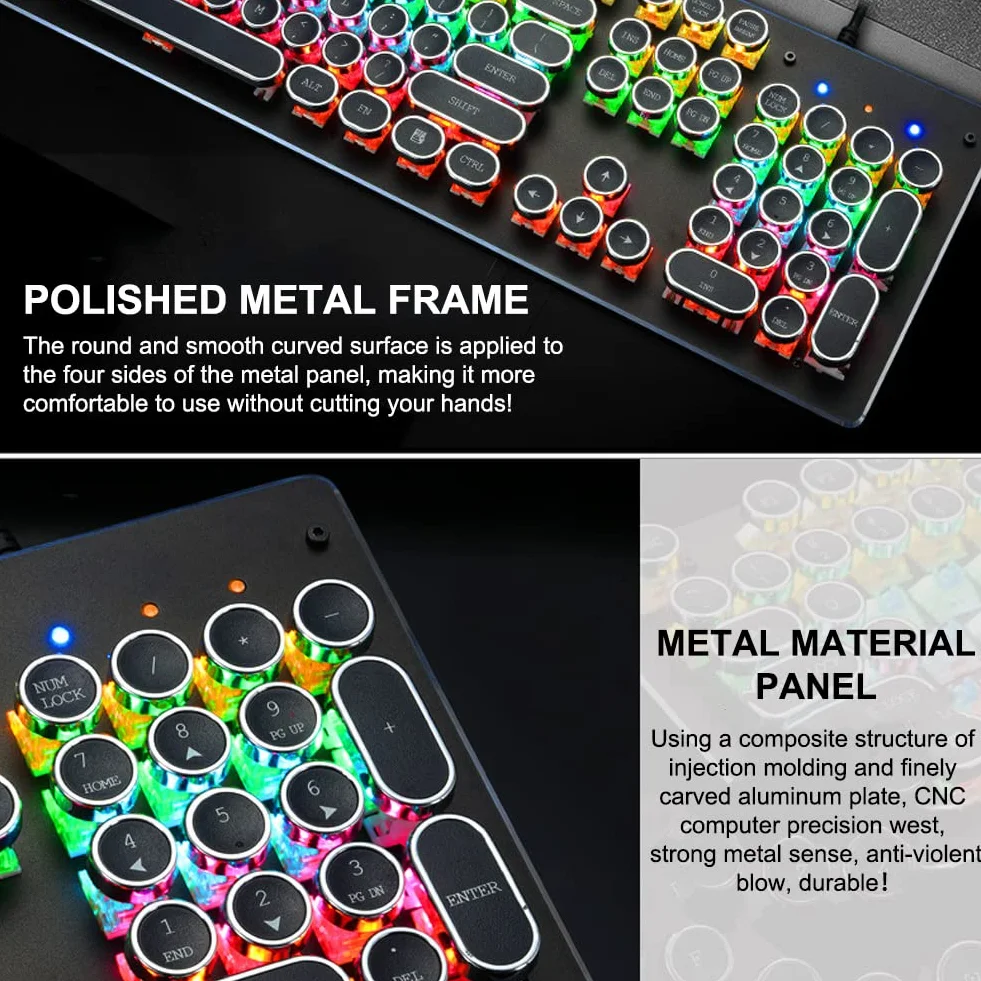 HJK920 Mechaniczna klawiatura do gier, oświetlenie RGB LED, 104 klawiszy, klawiatura retro, przewodowa, do komputerów PC Gamer Office i laptopa stacjonarnego (czarny)